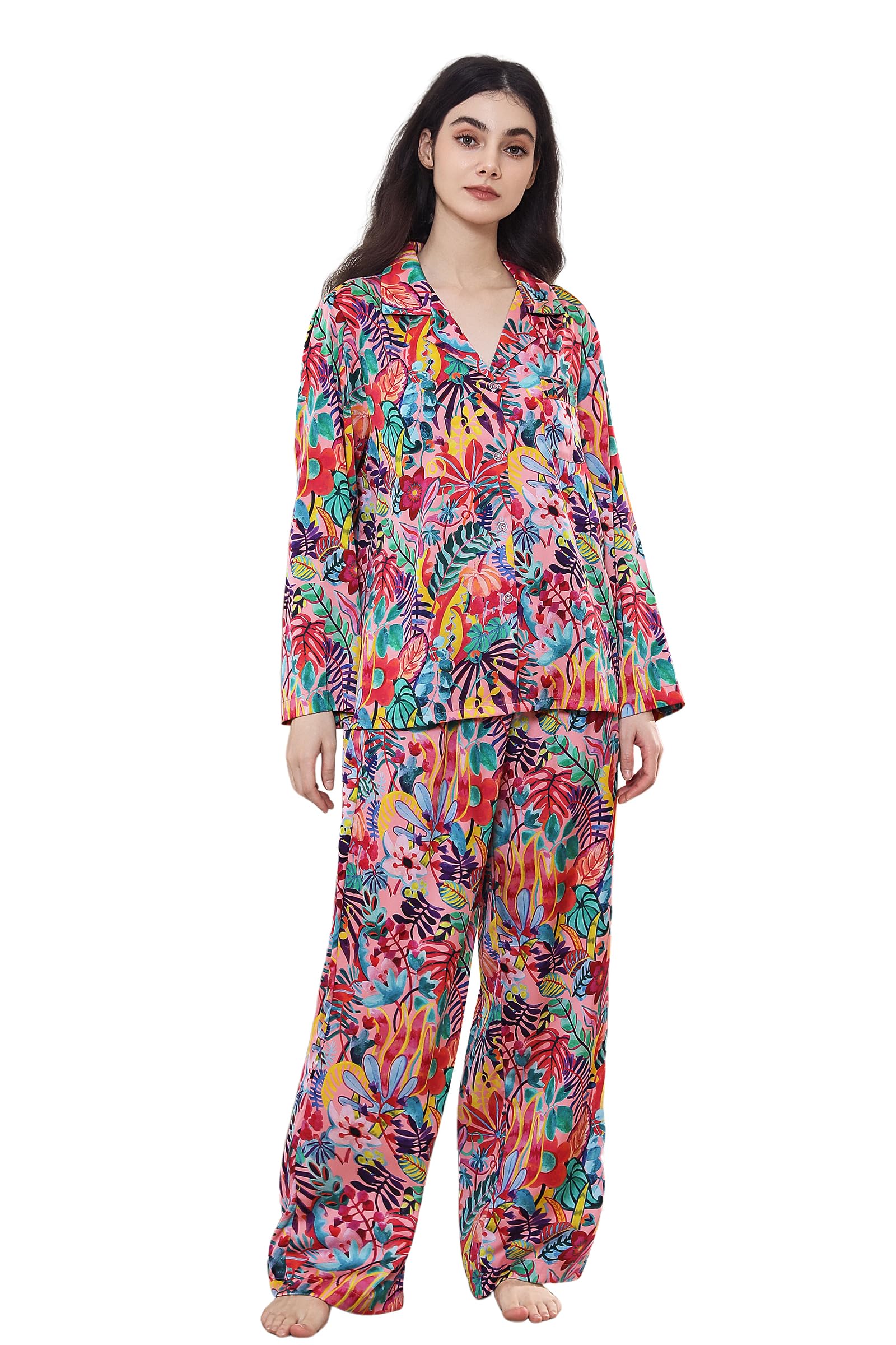 YiNi LuLu Womens Silk Satin Pajamas Set Button Down 2 Piece Pjs Long Sleeve Oversized Sleepwear with Pockets