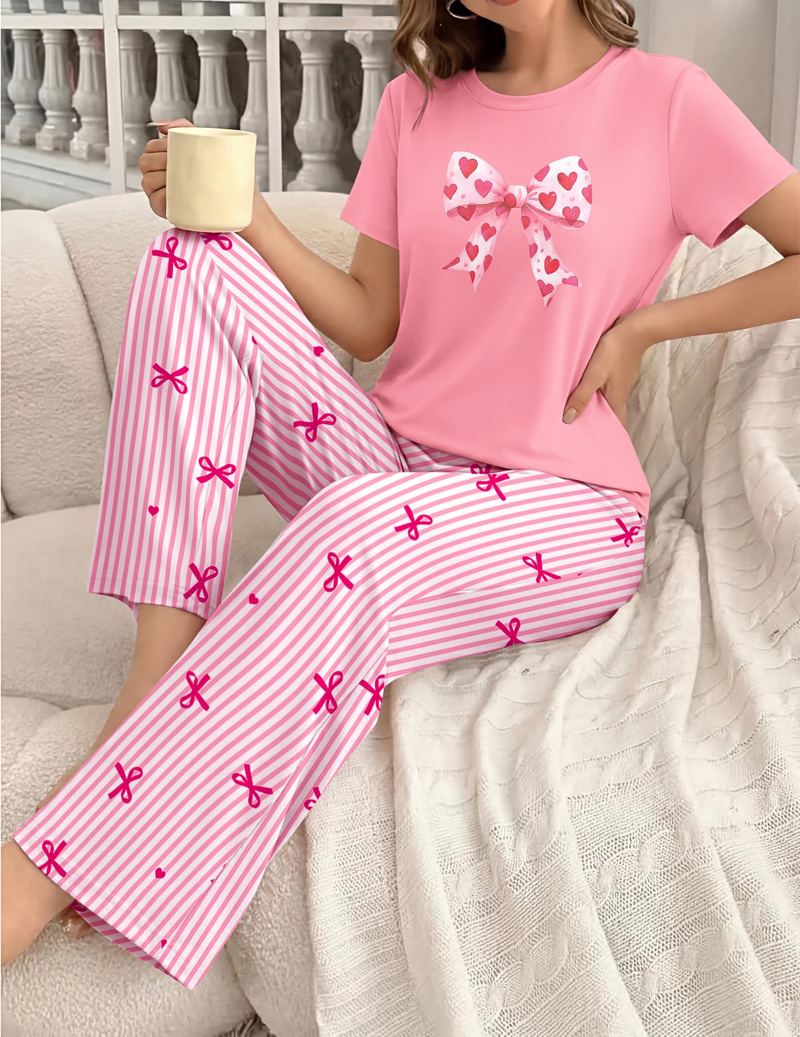 Ekouaer Pajama Set for Women 2 Piece Pjs Short Sleeve Top and Printed Pants