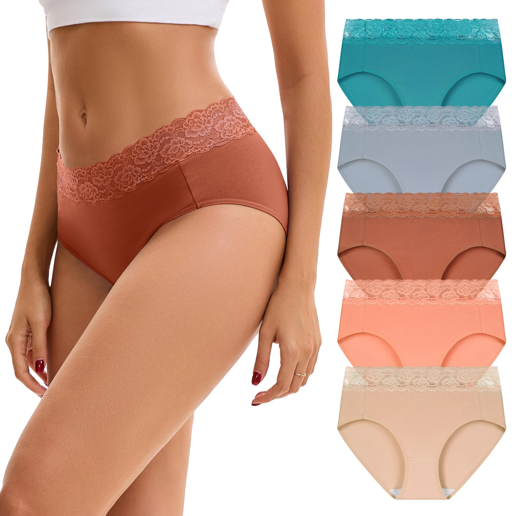 INNERSY Women's Cotton Underwear Lace High Waisted Panties 5-Pack