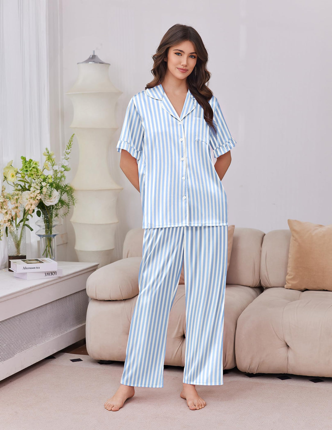 Ekouaer Silk Satin Pajamas for Women Set 2 Piece Short Sleeve Button Up Pjs