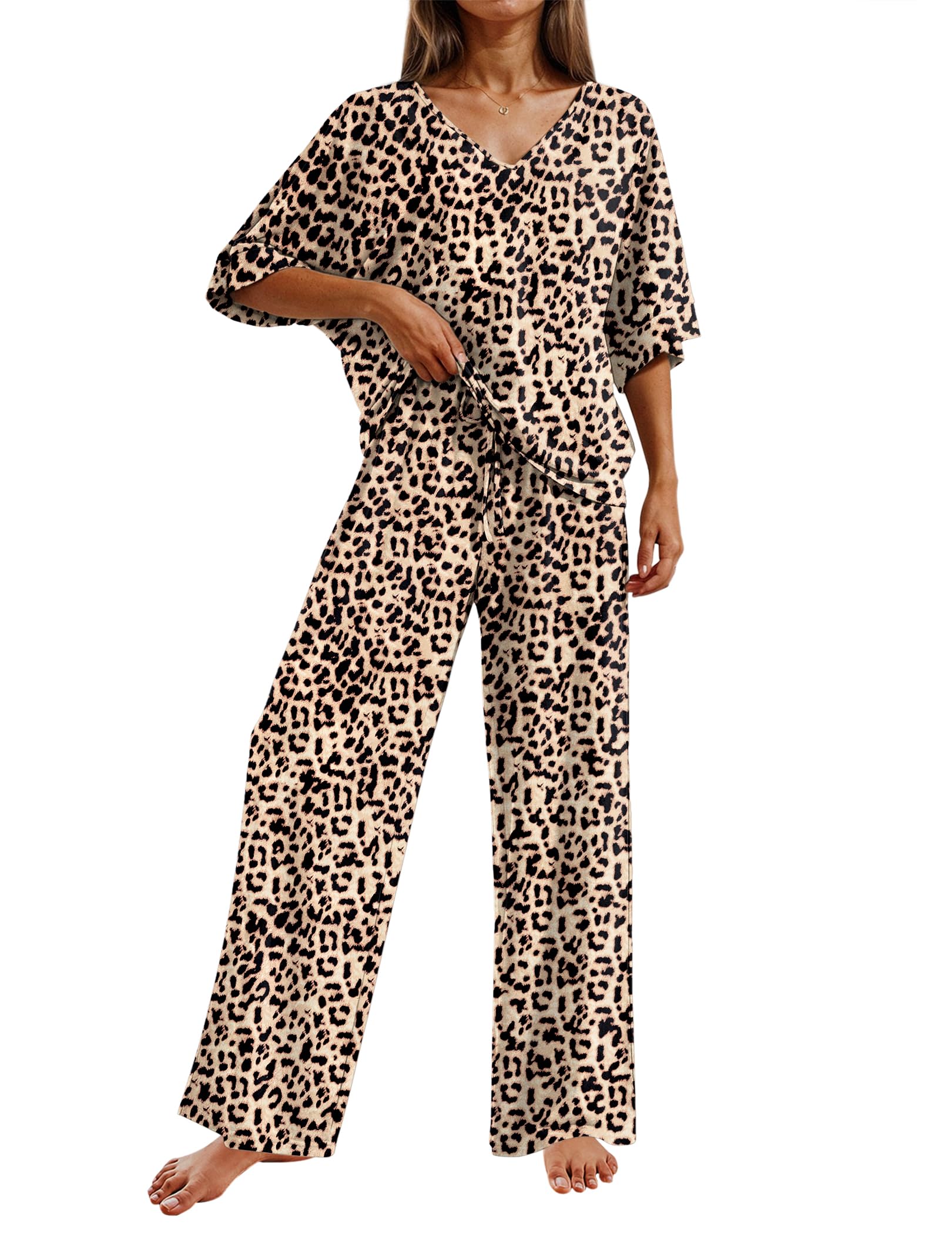 Ekouaer Pajama Sets Womens 2 Piece Short Sleeve Long Pants Pjs Lounge Set