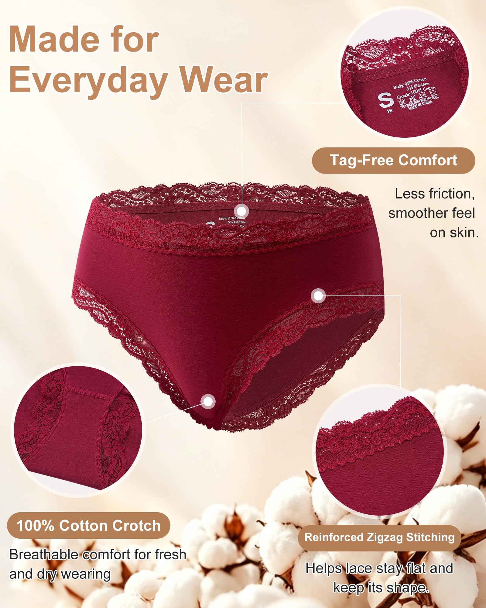 LEVAO Women's Cotton Brief Panties Soft Breathable Lace Trim 5 Pack
