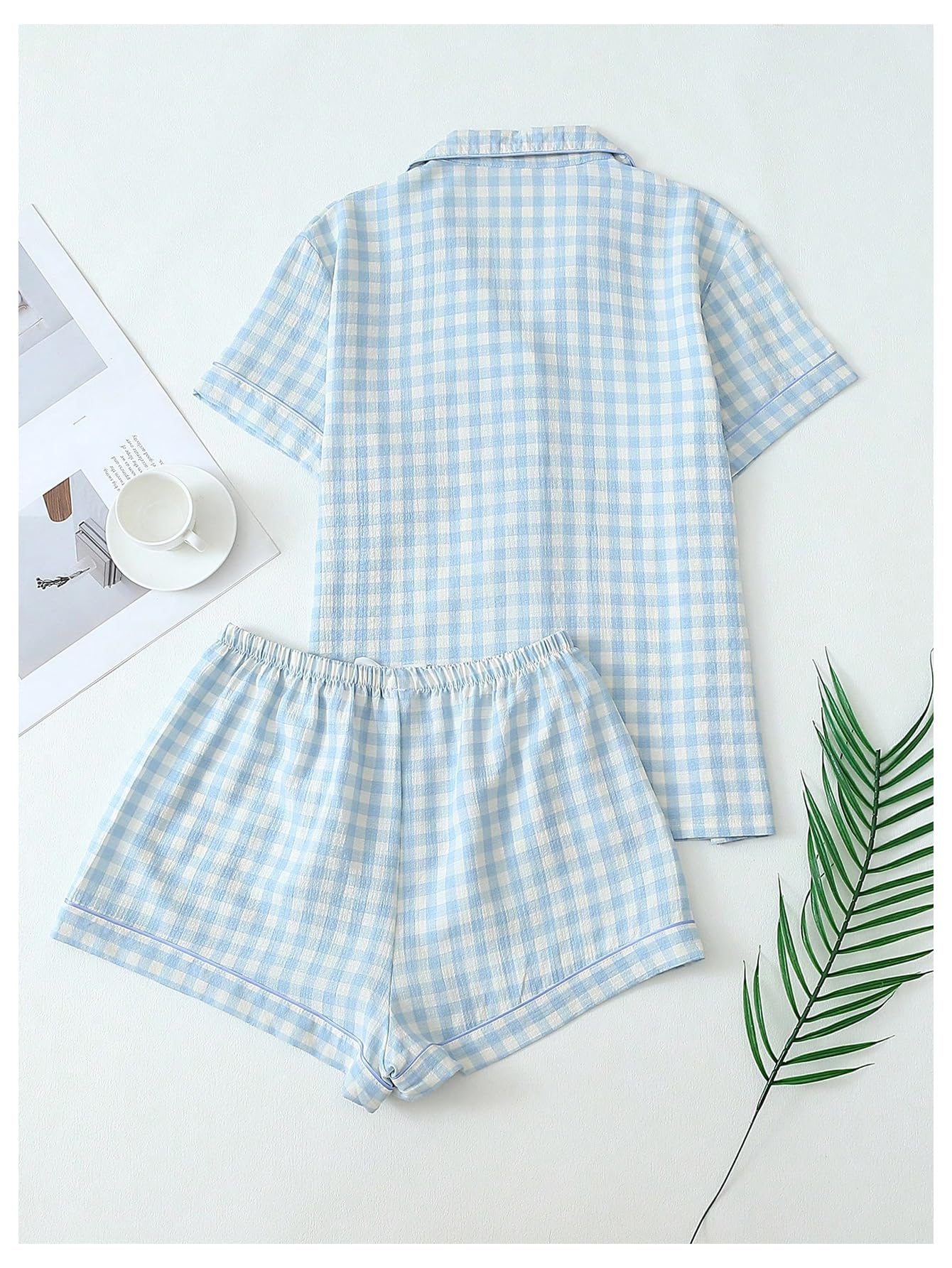 Verdusa Pajamas Sets 2 Piece Gingham Cute Button Down Shirts with Shorts