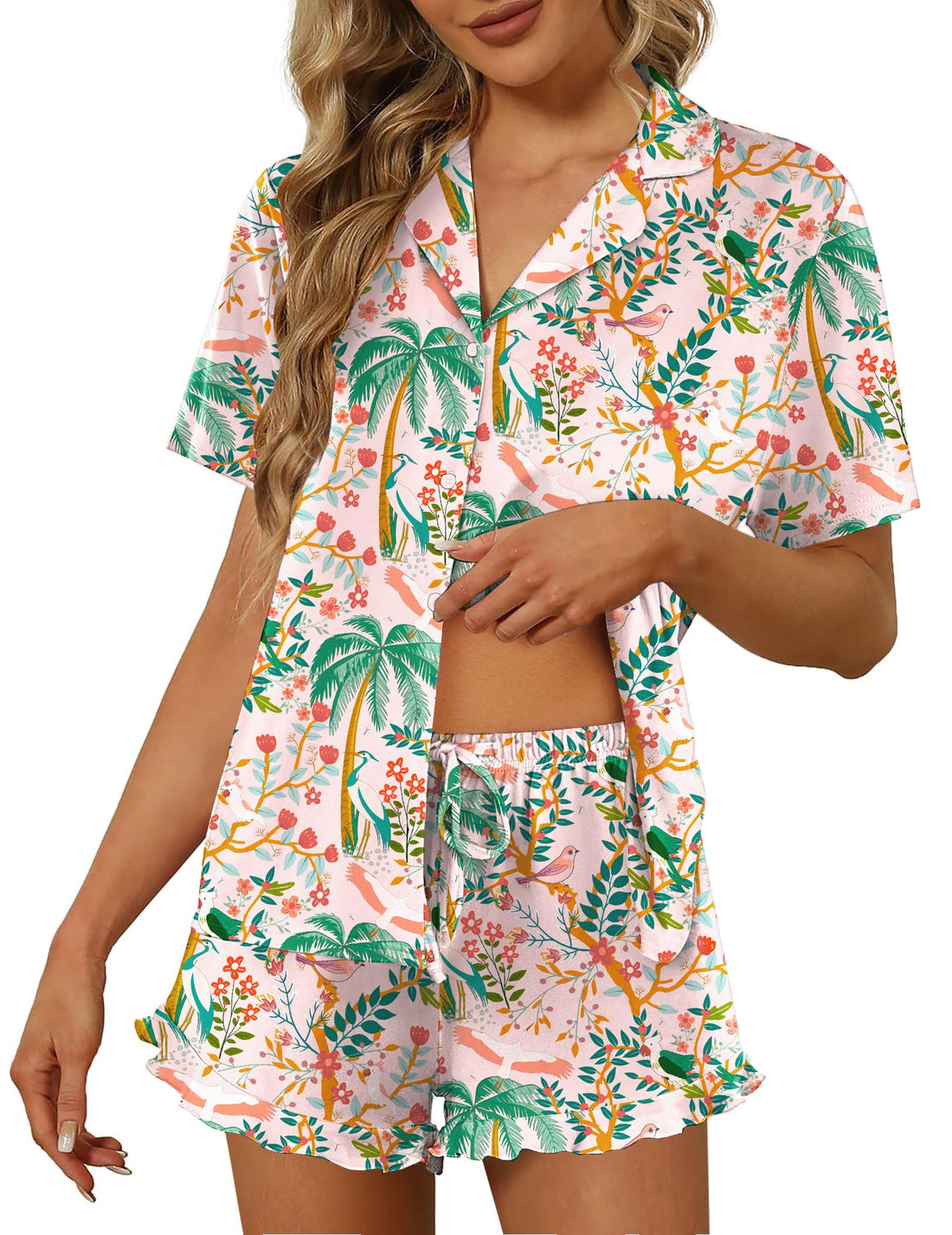 Ekouaer Pajamas Set for Women Short Sleeve Sleepwear Button Down Ruffle Pjs