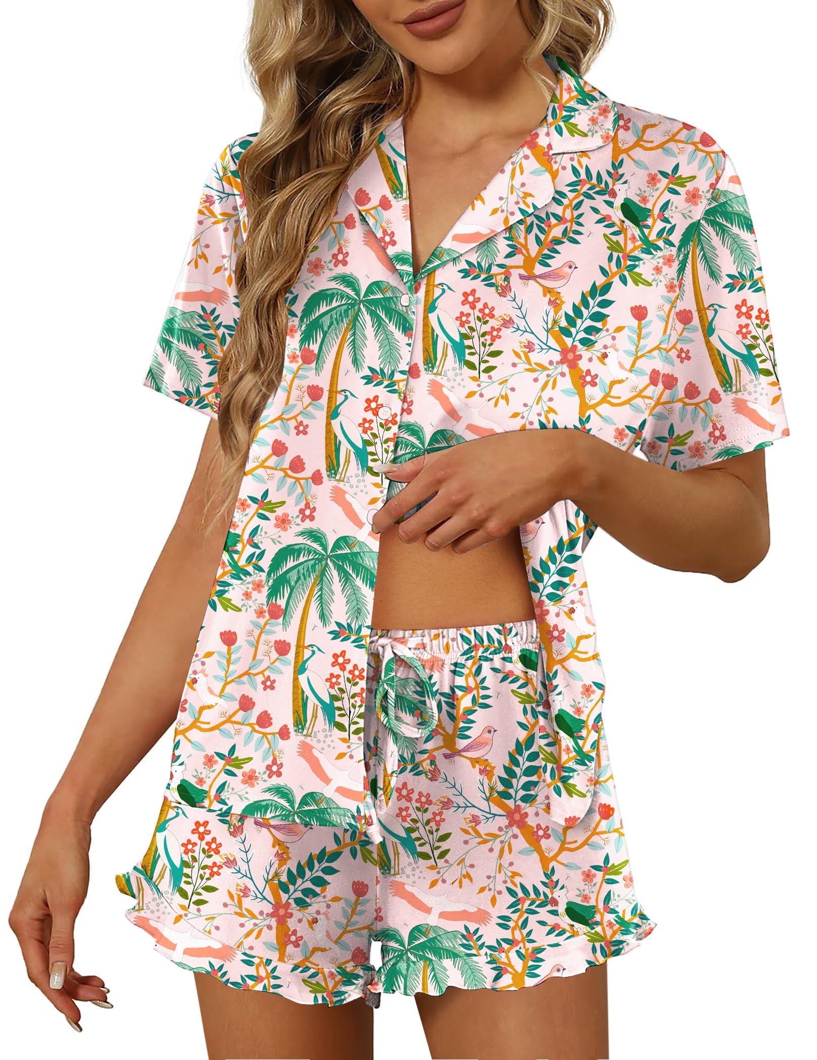 Ekouaer Pajamas Set for Women Short Sleeve Sleepwear Button Down Ruffle Pjs