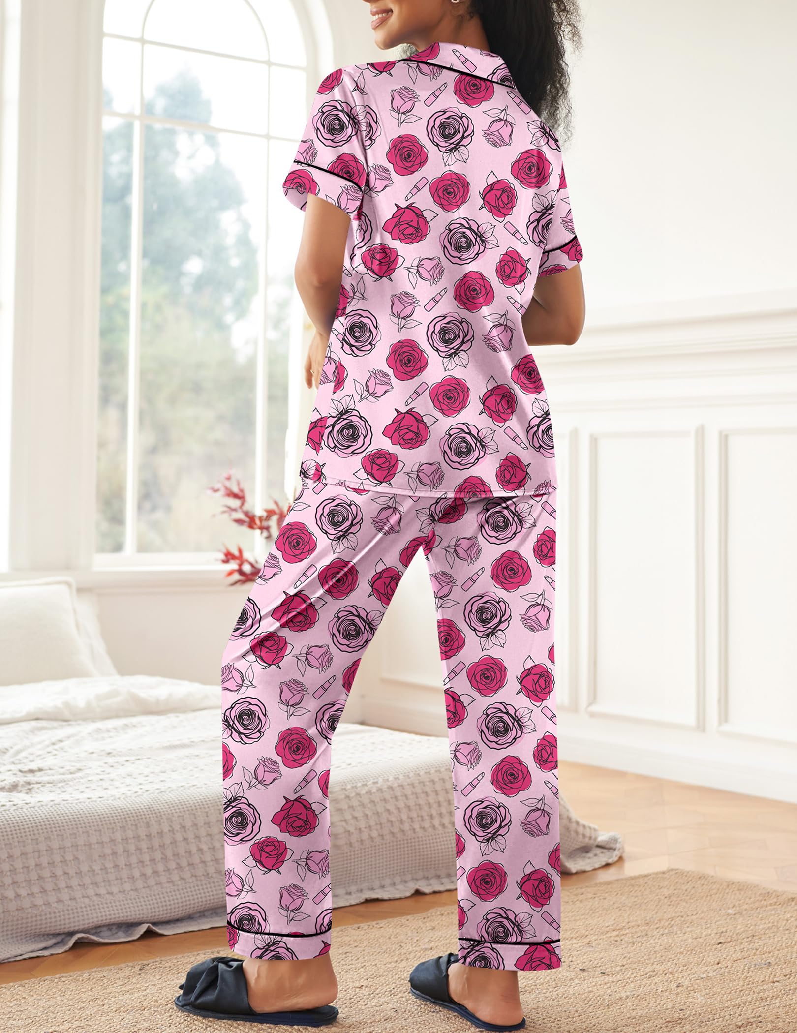 Ekouaer Womens Satin Pajama Set Silky Short Sleeve Button Down Pj Set