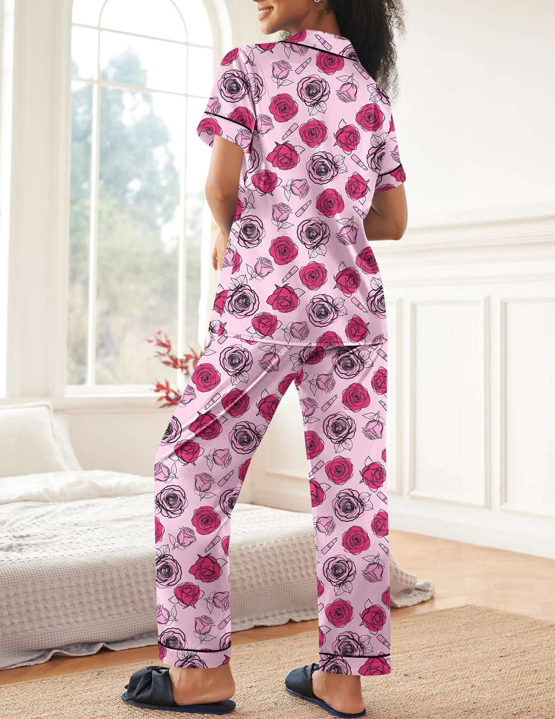 Ekouaer Womens Satin Pajama Set Silky Short Sleeve Button Down Pj Set
