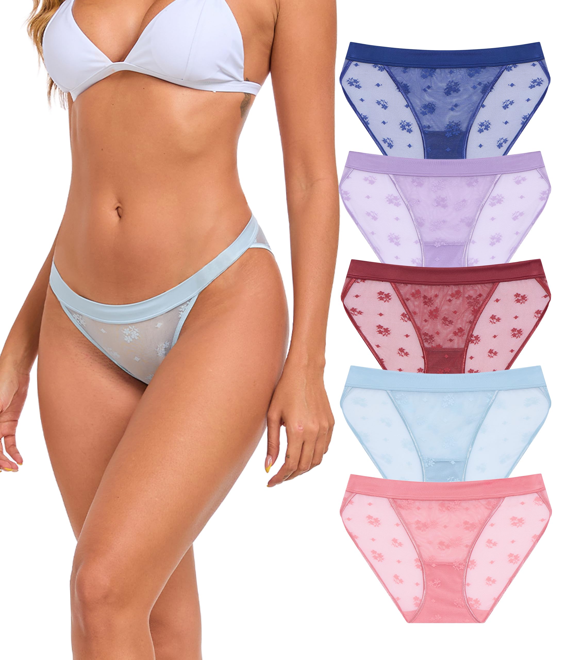 ANLIQI Womens Sexy Underwear Mesh See Through Bikini Panties Pack Hi Cut Briefs Sheer Lace String Lingerie Hipster for Lady