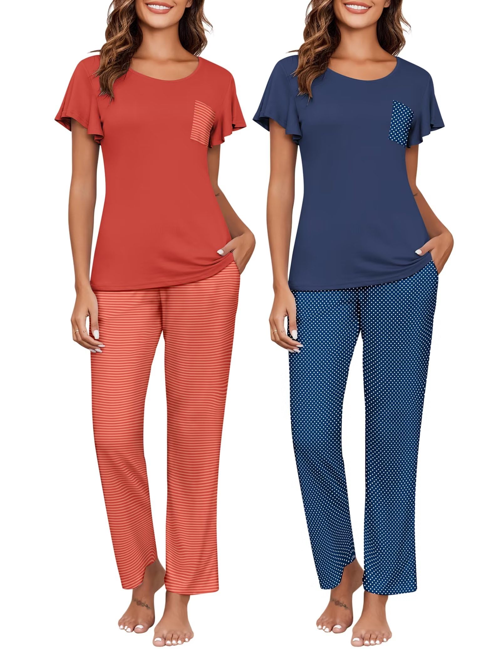 Ekouaer Pajamas for Women Set 2 Piece Comfy Loungewear, Lightweight Pjs Sleepwear, Short Sleeve Top & Long Pants with Pockets