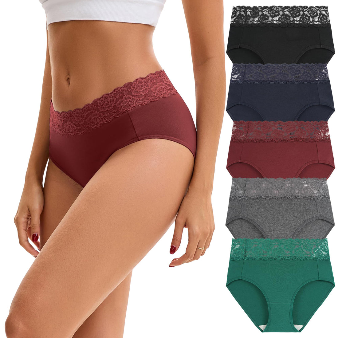 INNERSY Women's Cotton Underwear Lace High Waisted Panties 5-Pack