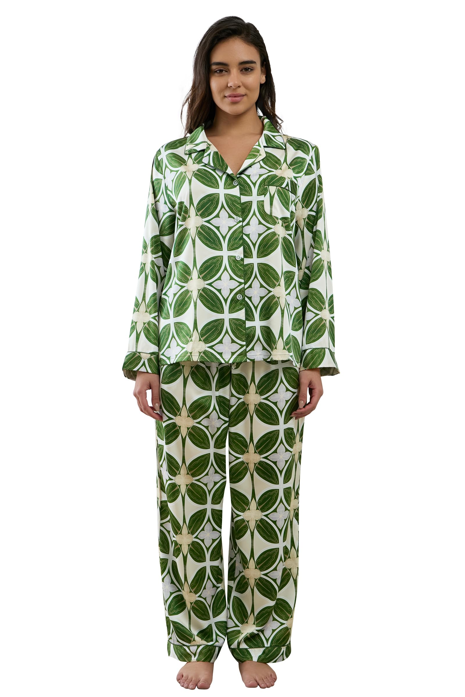 YiNi LuLu Womens Silk Satin Pajamas Set Button Down 2 Piece Pjs Long Sleeve Oversized Sleepwear with Pockets