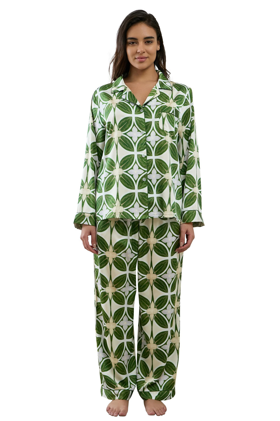 YiNi LuLu Womens Silk Satin Pajamas Set Button Down 2 Piece Pjs Long Sleeve Oversized Sleepwear with Pockets