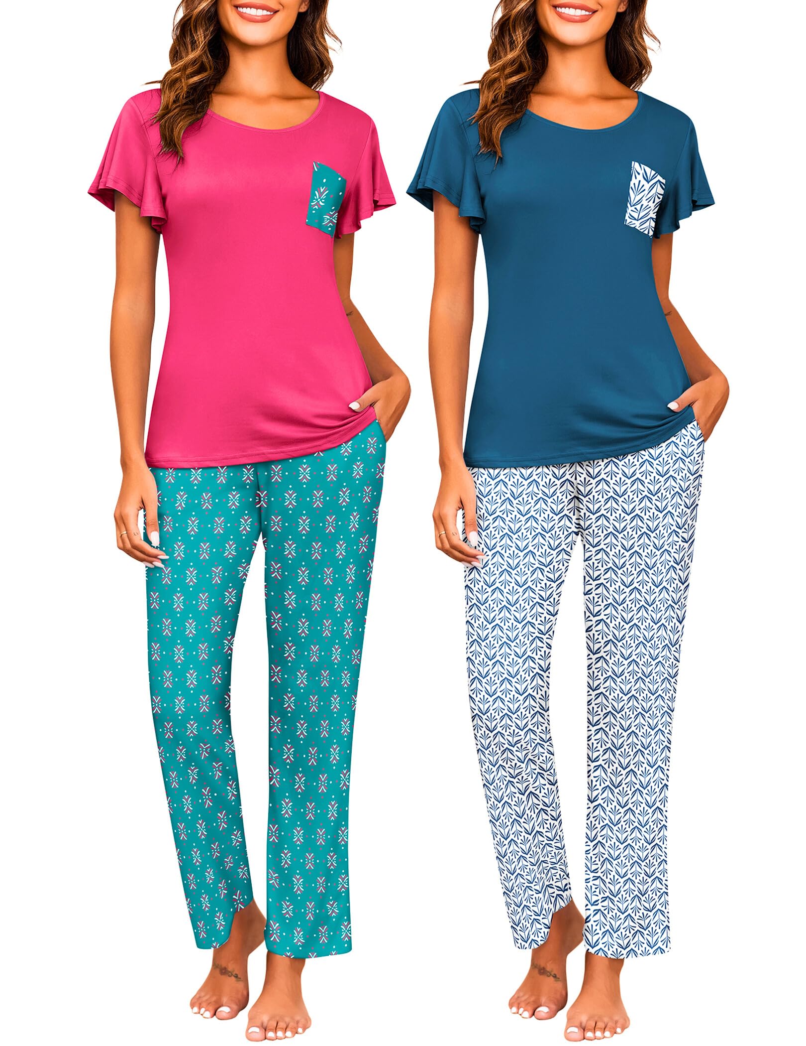 Ekouaer Pajamas for Women Set 2 Piece Comfy Loungewear, Lightweight Pjs Sleepwear, Short Sleeve Top & Long Pants with Pockets