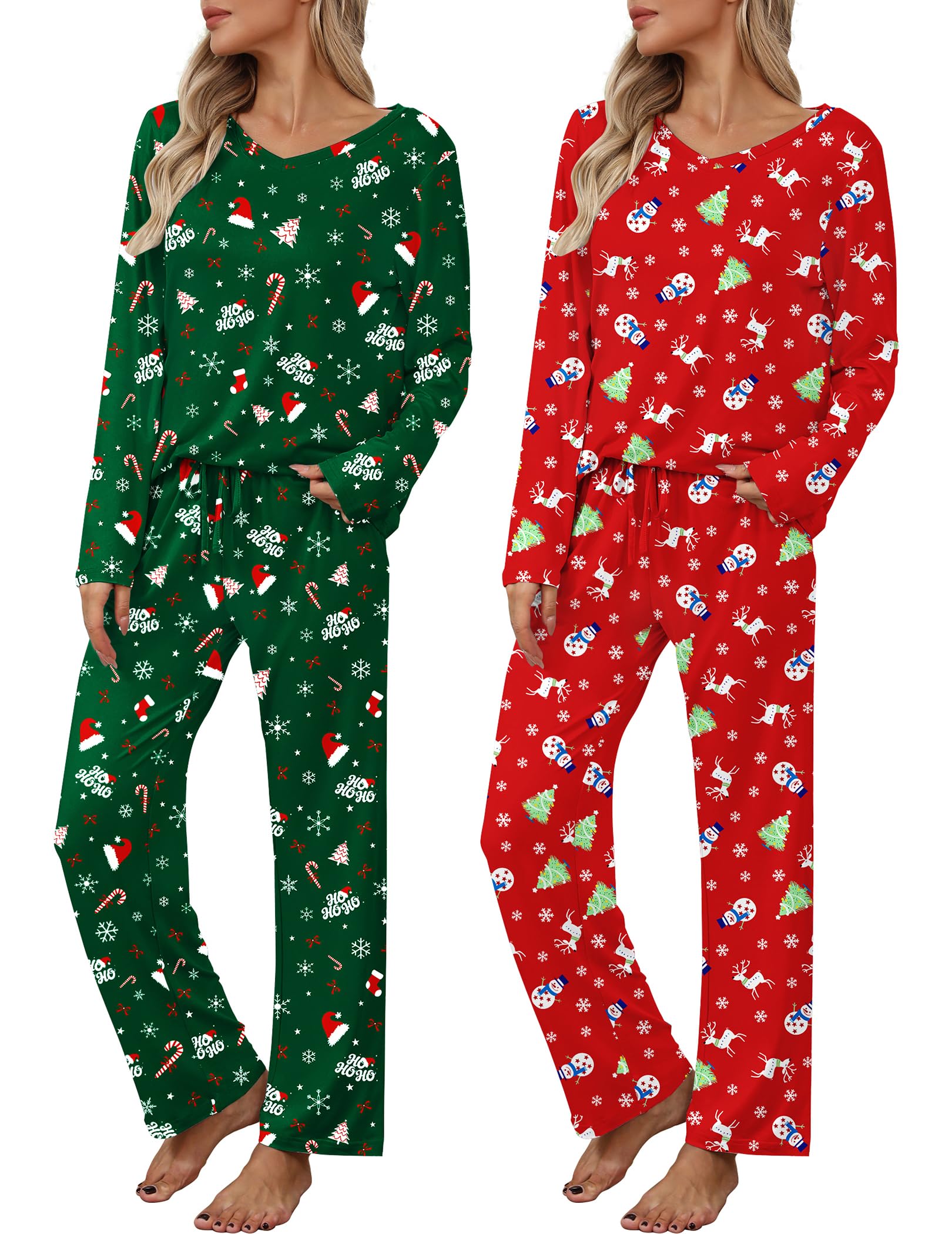 2 Pack: Women's Long Sleeve Pajama Sets - V Neck Top and Pants Lounge sets