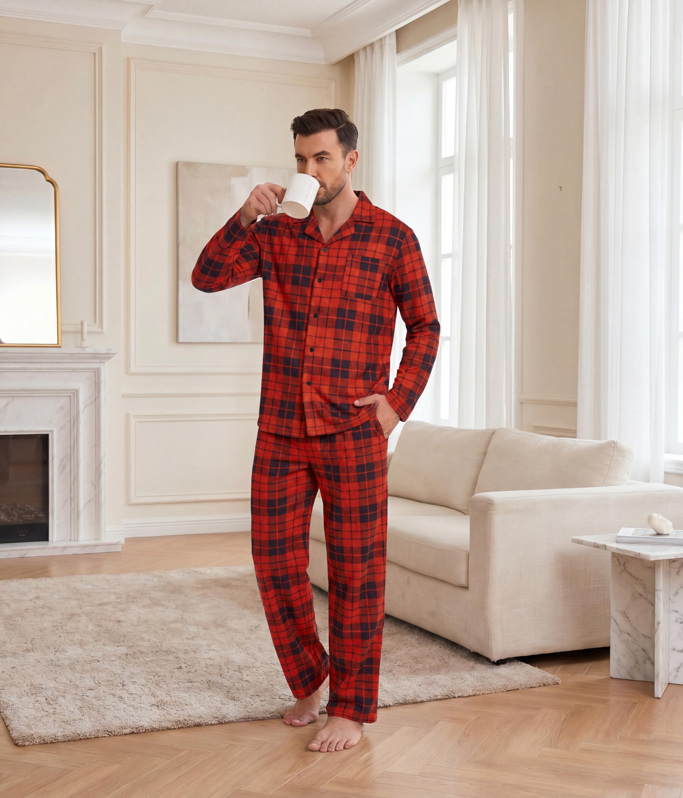 Ekouaer Mens Pajamas Set Long Sleeve Button Down Pjs Long Pants with Pocket
