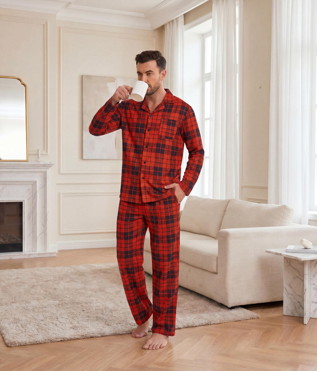Ekouaer Mens Pajamas Set Long Sleeve Button Down Pjs Long Pants with Pocket