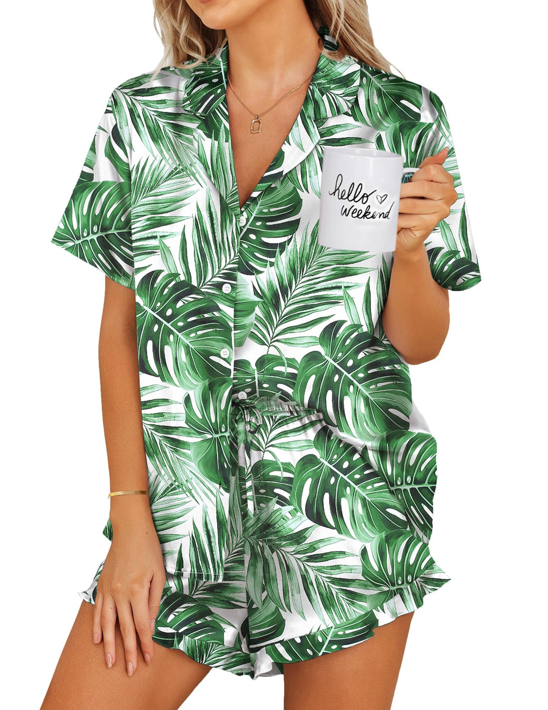 Ekouaer Womens Satin Pajamas Set Button Down 2 Piece Silk Pjs Shorts Set Ruffle Lingerie Notch Collar Sleepwear
