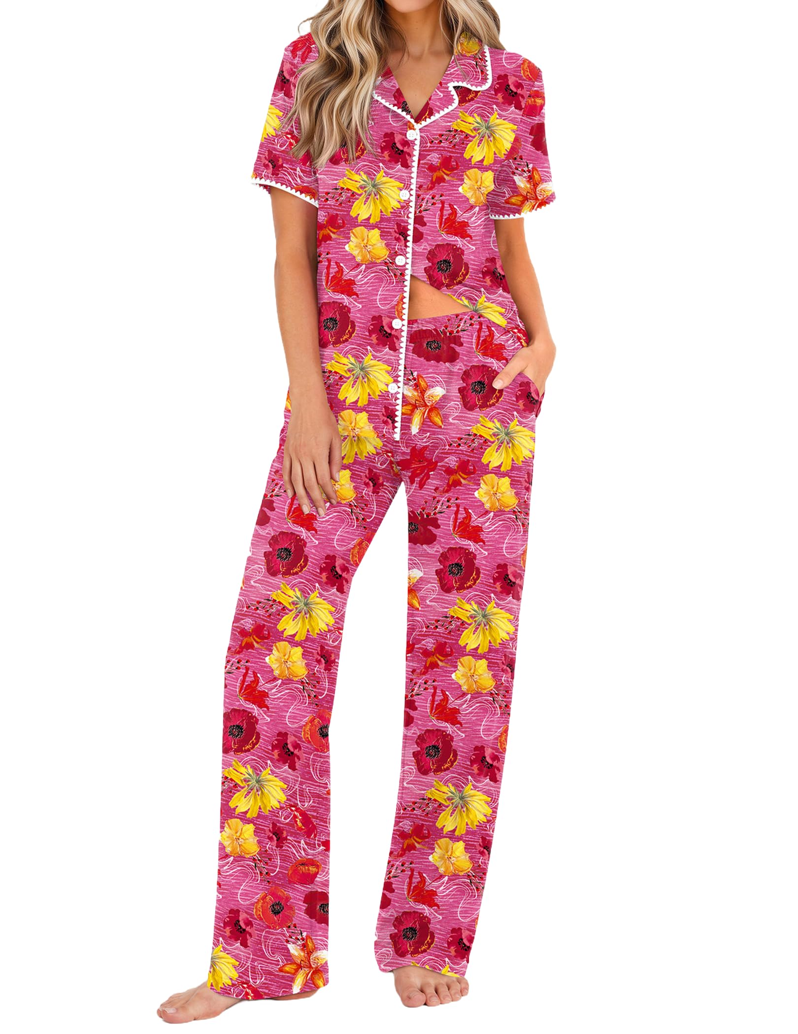 Ekouaer Womens Pajamas Set Button Down Loungewear Short Sleeve Pants Pjs