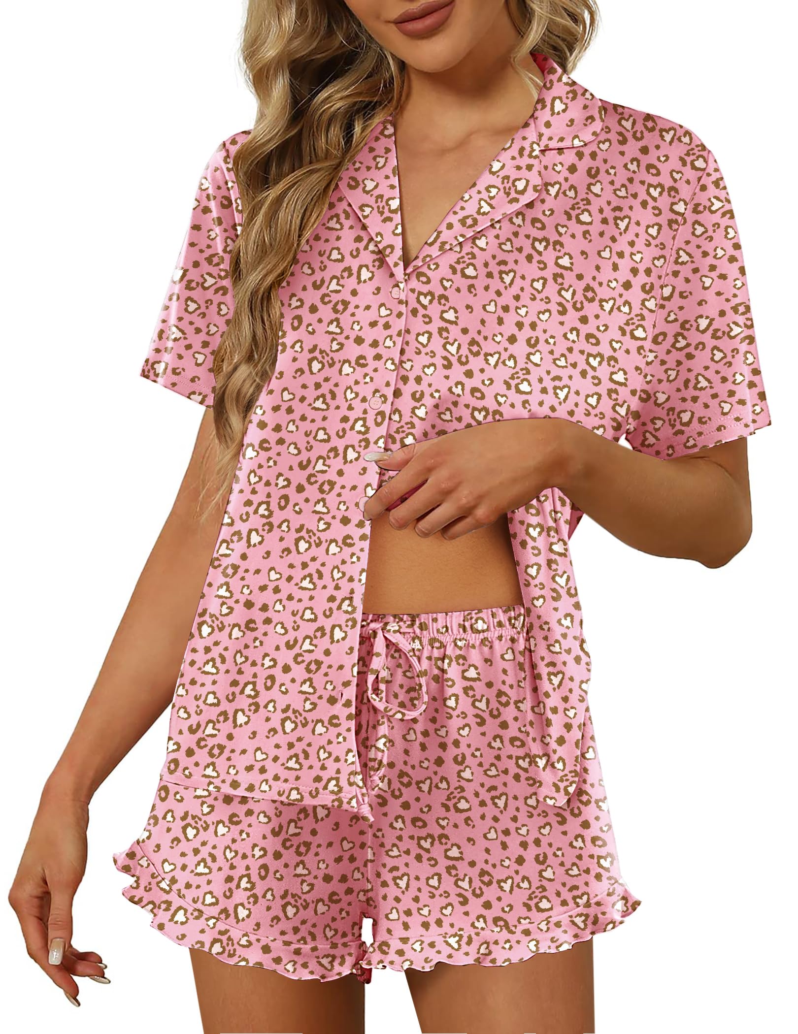 Ekouaer Pajamas Set for Women Short Sleeve Sleepwear Button Down Ruffle Pjs