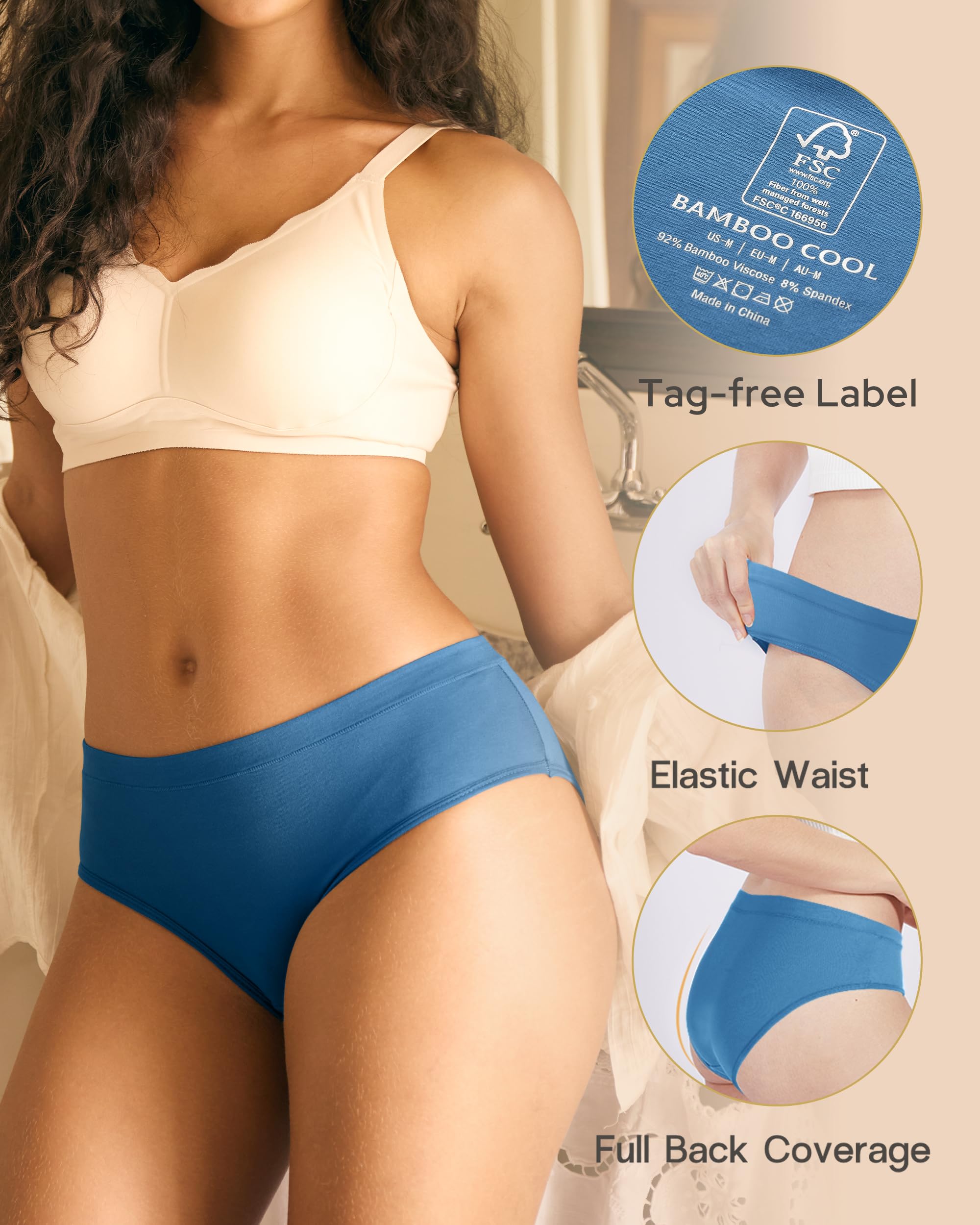 BAMBOO COOL Womens Underwear, Moisture-Wicking Briefs, Soft and Breathable Panties, Mid Waist, 5-Pack