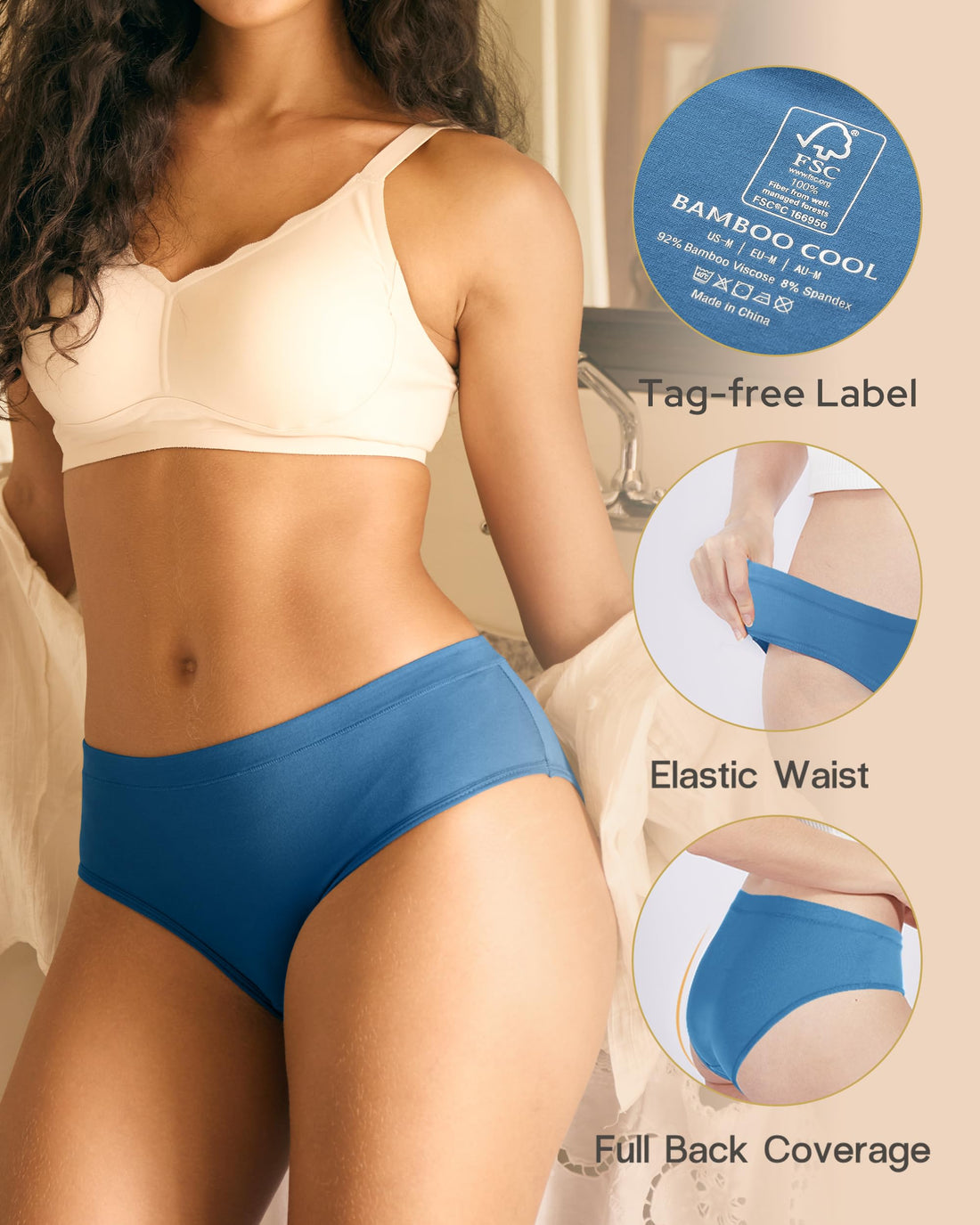 BAMBOO COOL Womens Underwear, Moisture-Wicking Briefs, Soft and Breathable Panties, Mid Waist, 5-Pack