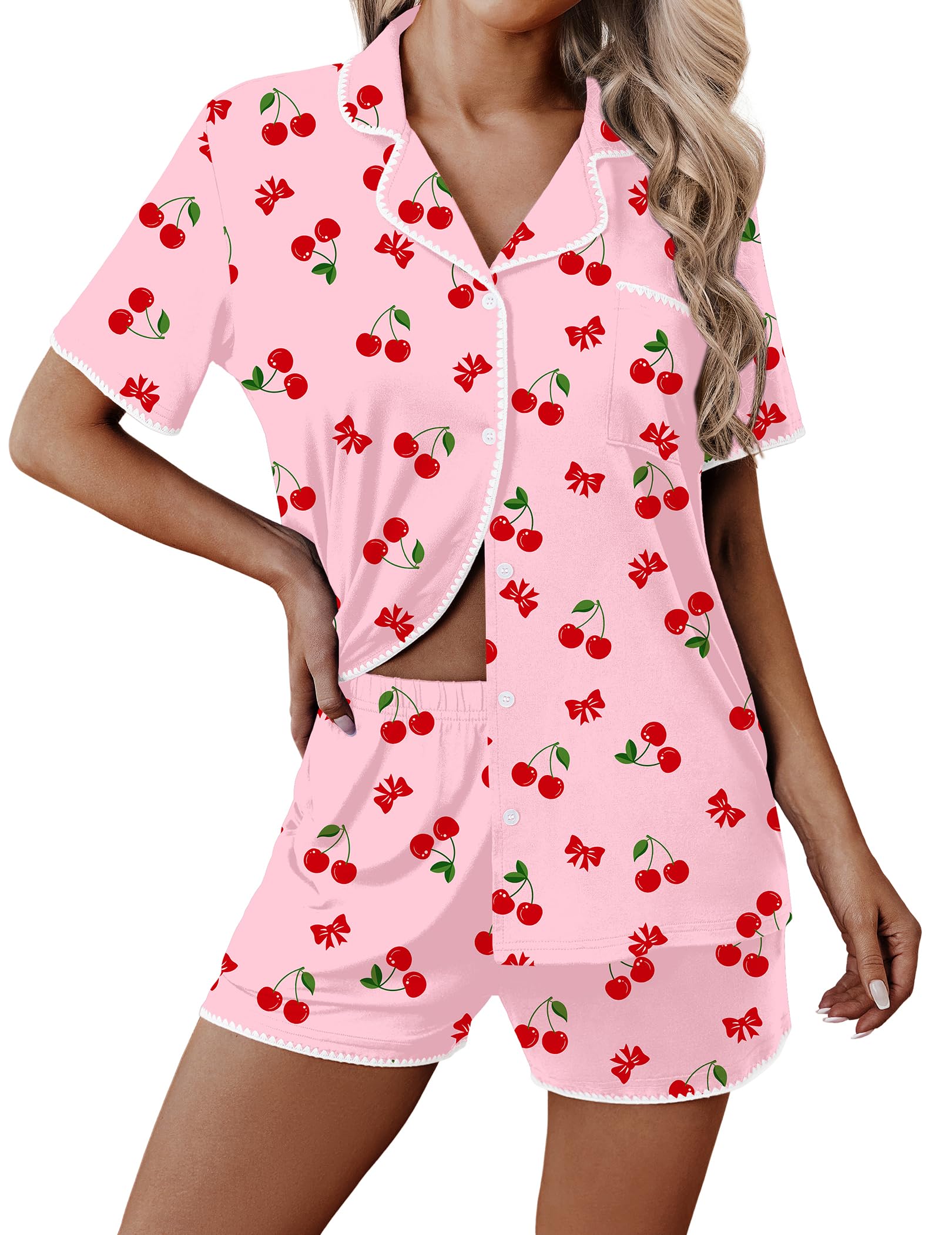 Ekouaer Pajamas for Women Set 2 Piece Soft Button Down Top and Shorts