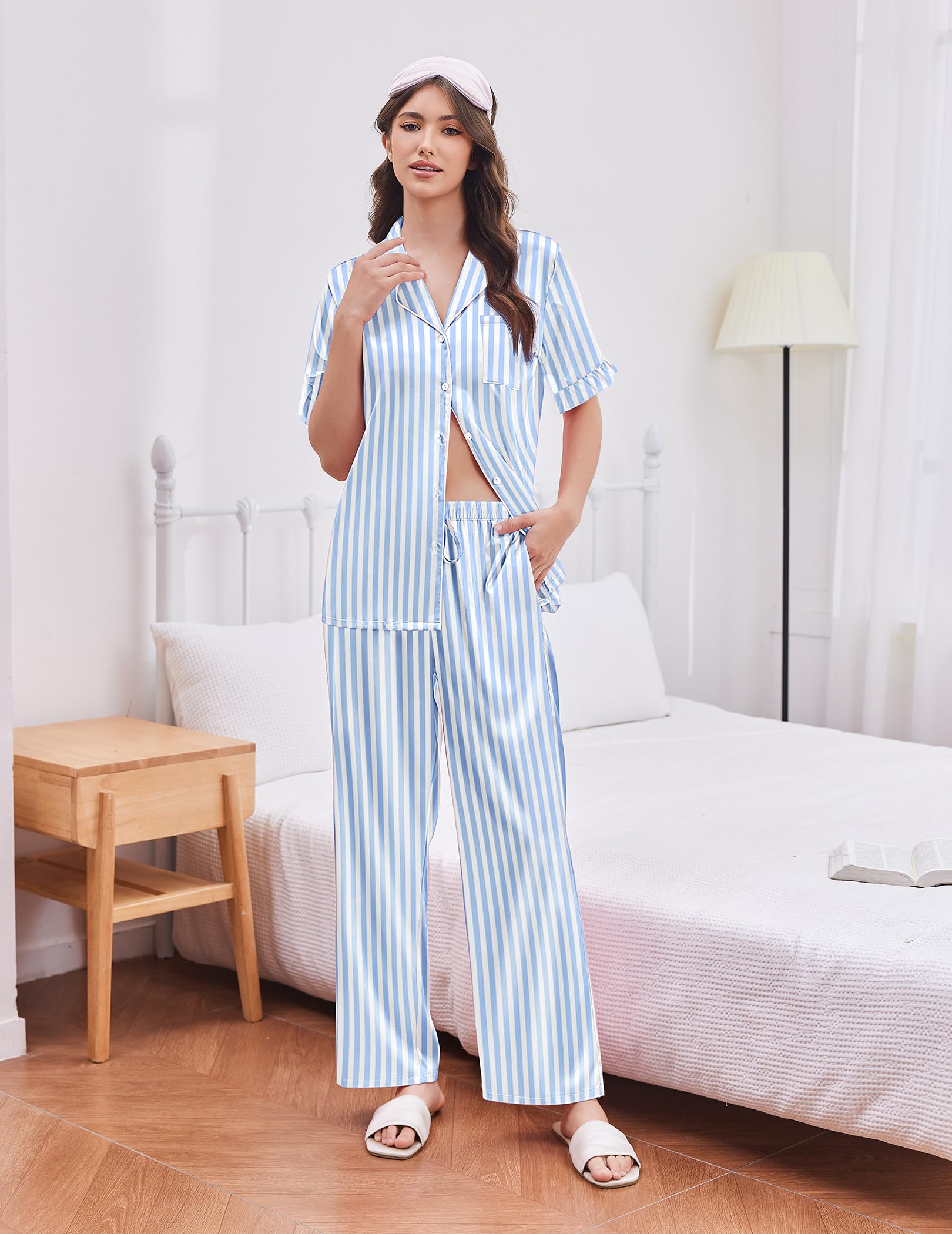 Ekouaer Silk Satin Pajamas for Women Set 2 Piece Short Sleeve Button Up Pjs