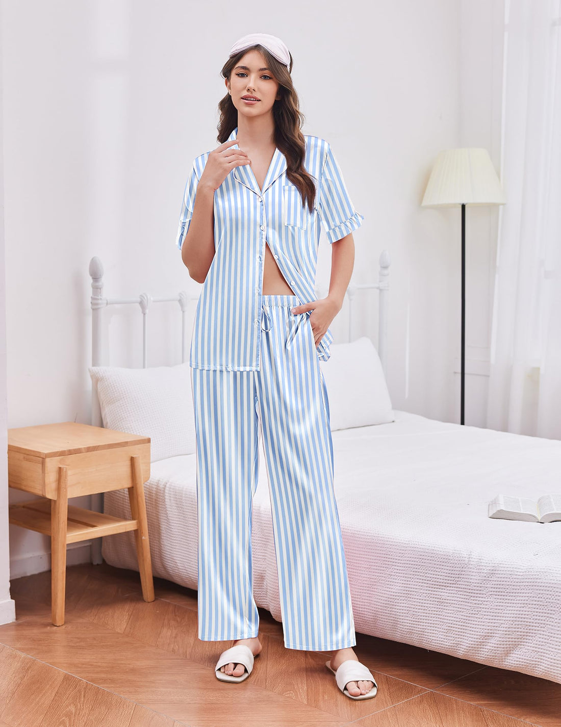 Ekouaer Silk Satin Pajamas for Women Set 2 Piece Short Sleeve Button Up Pjs