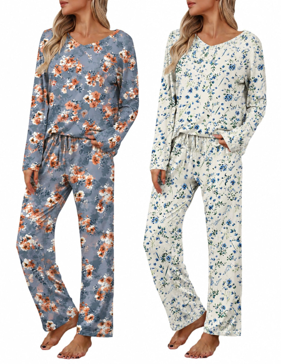2 Pack: Women's Long Sleeve Pajama Sets - V Neck Top and Pants Lounge sets