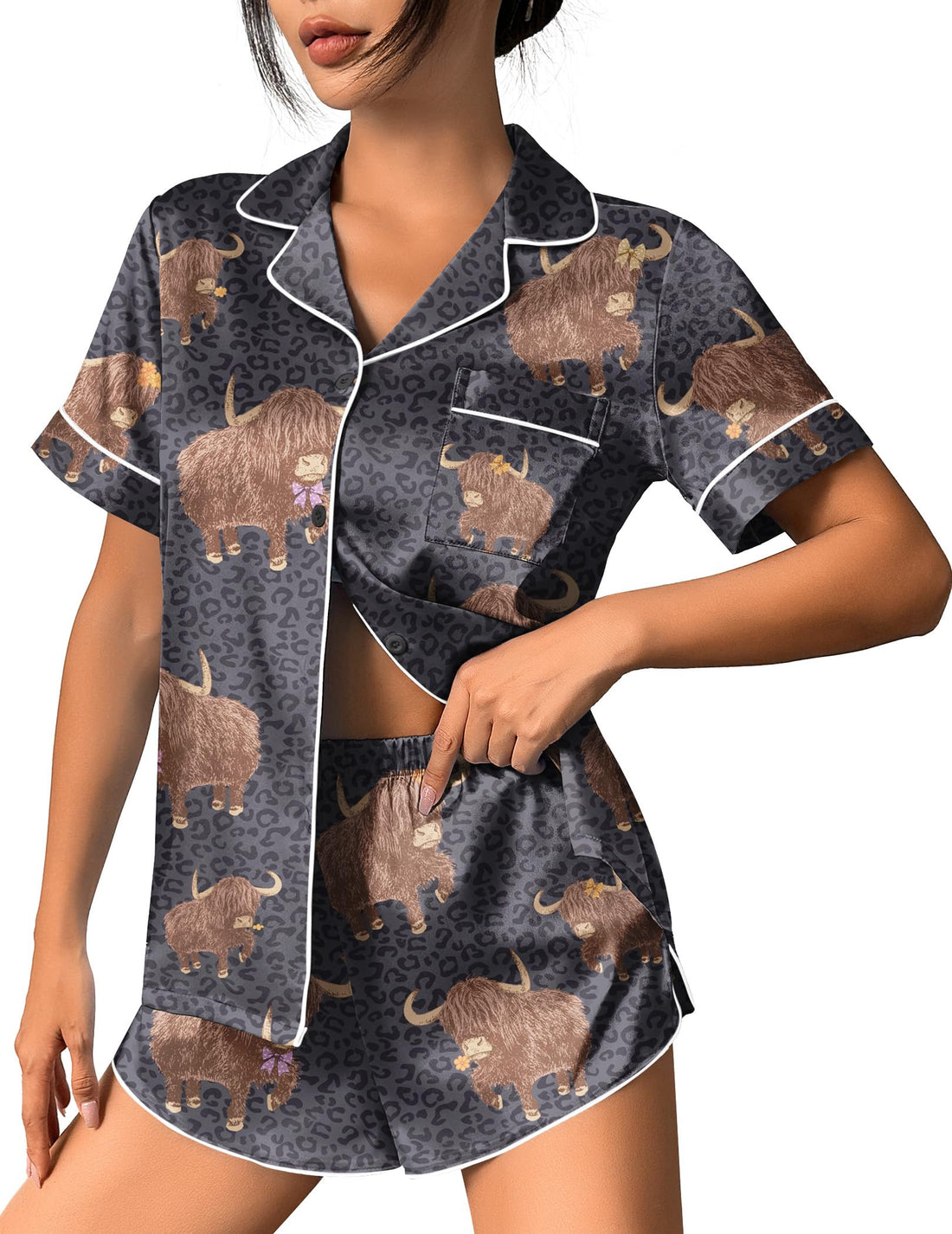 Ekouaer Womens Silk Satin Pajama Set Print Short Sleeve Sleepwear Button Down Pjs Shorts Set Loungewear