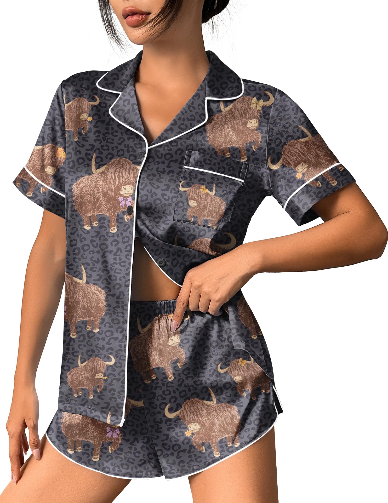 Ekouaer Womens Silk Satin Pajama Set Print Short Sleeve Sleepwear Button Down Pjs Shorts Set Loungewear
