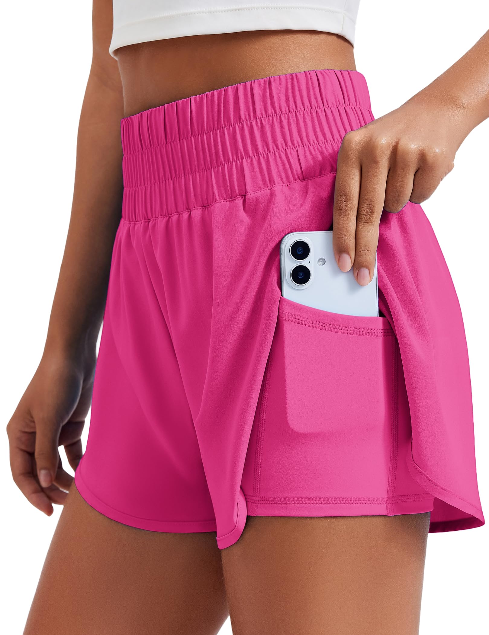 PINSPARK Women's 2 in 1 Running Shorts High-Split Athletic Short High Waisted 3" Liner Workout Gym Short with Pockets