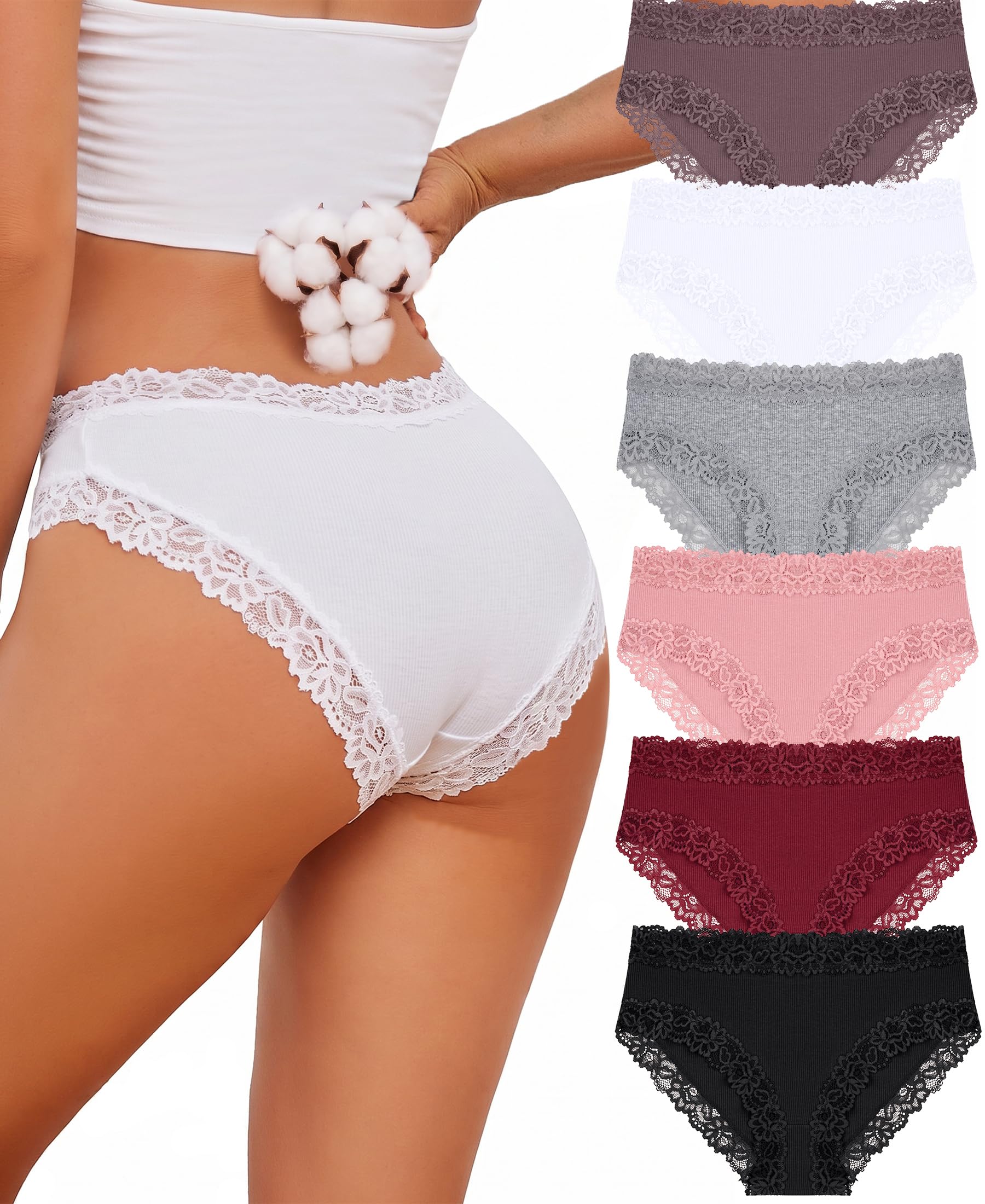 Knowyou Cotton Underwear for Women No Roll Soft Panties No Dig Lace Waist Hipster Breathable Cheeky Lingerie for Women