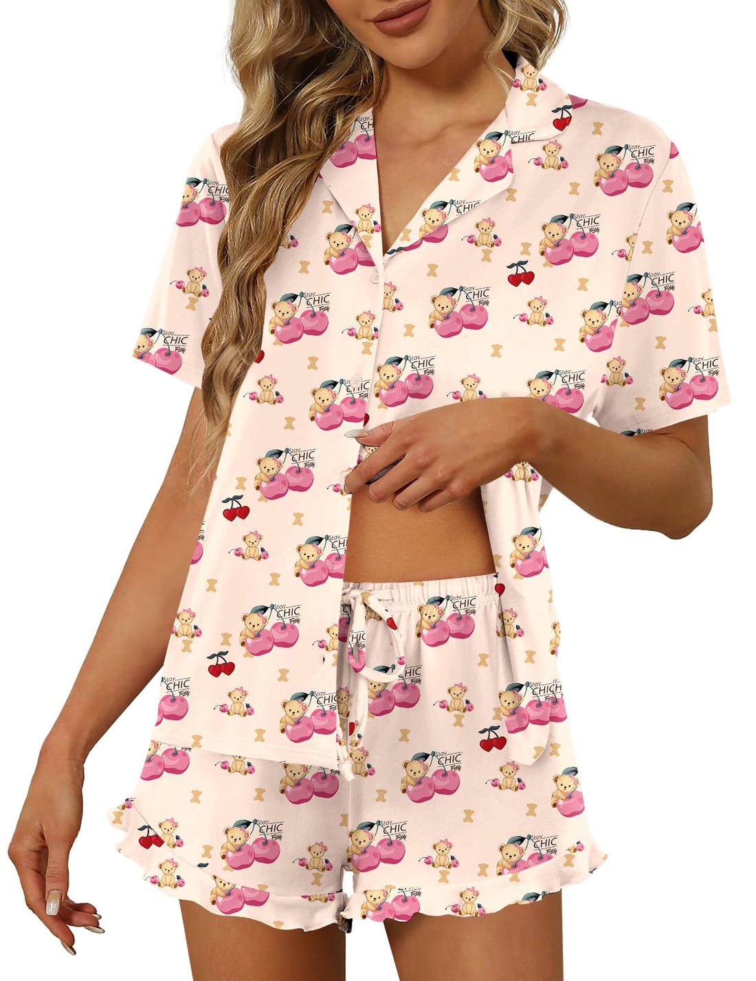 Ekouaer Pajamas Set for Women Short Sleeve Sleepwear Button Down Ruffle Pjs