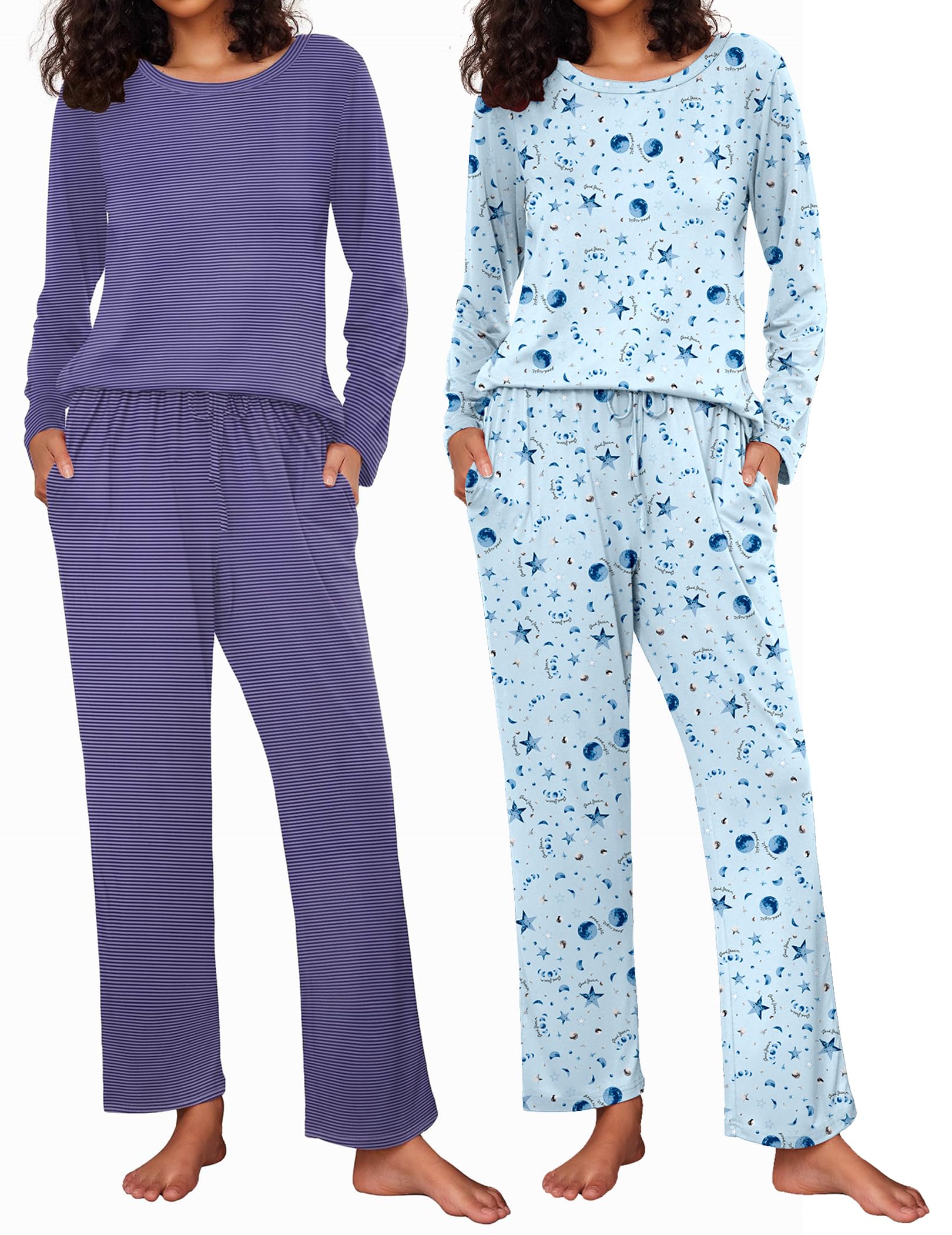 Ekouaer Women's 2 Pack Pajama Sets Long Sleeve Lounge Set Soft Comfy Pjs
