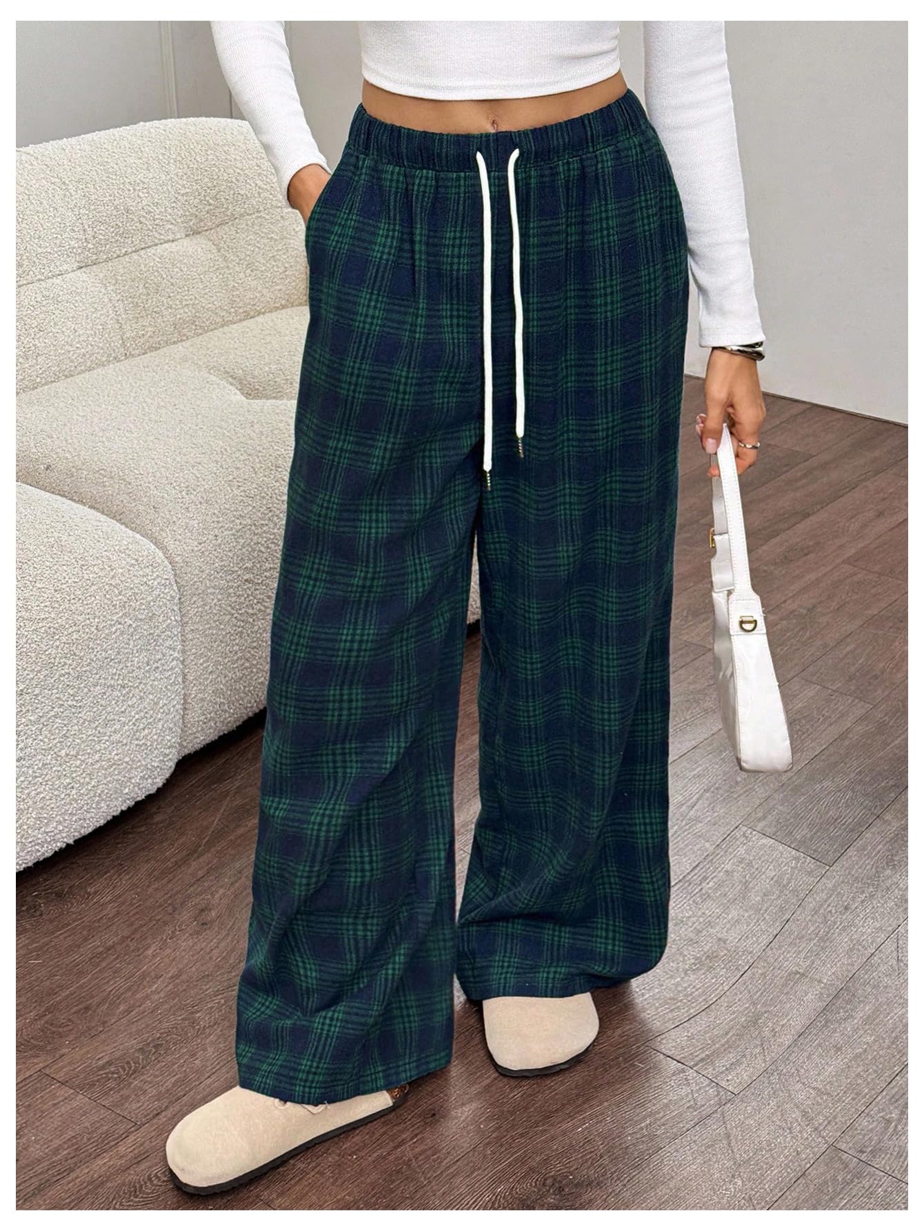 GORGLITTER Women's Plaid Pants Y2k Checkered Wide Leg Pajama Lounge Pants