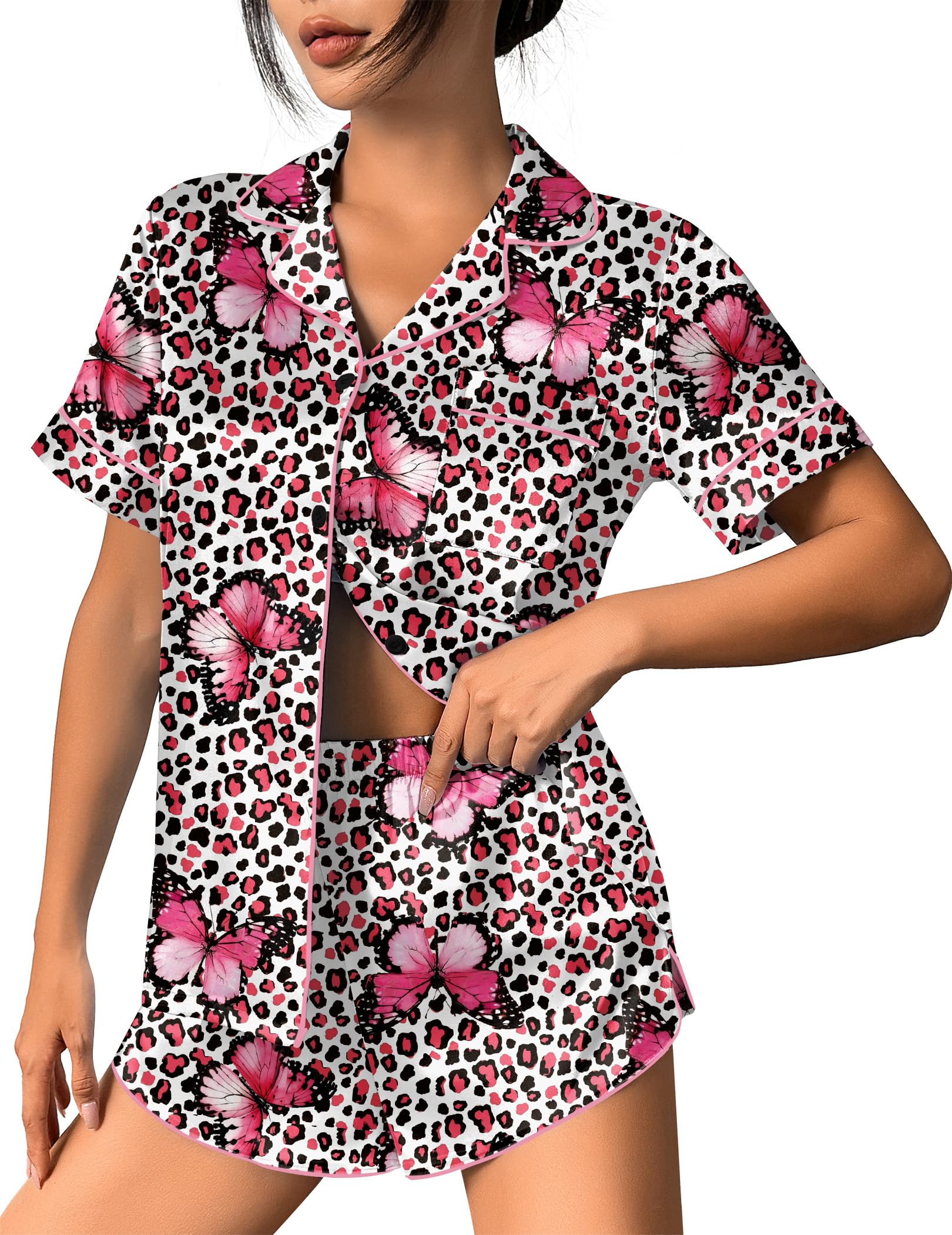 Ekouaer Womens Silk Satin Pajama Set Print Short Sleeve Sleepwear Button Down Pjs Shorts Set Loungewear
