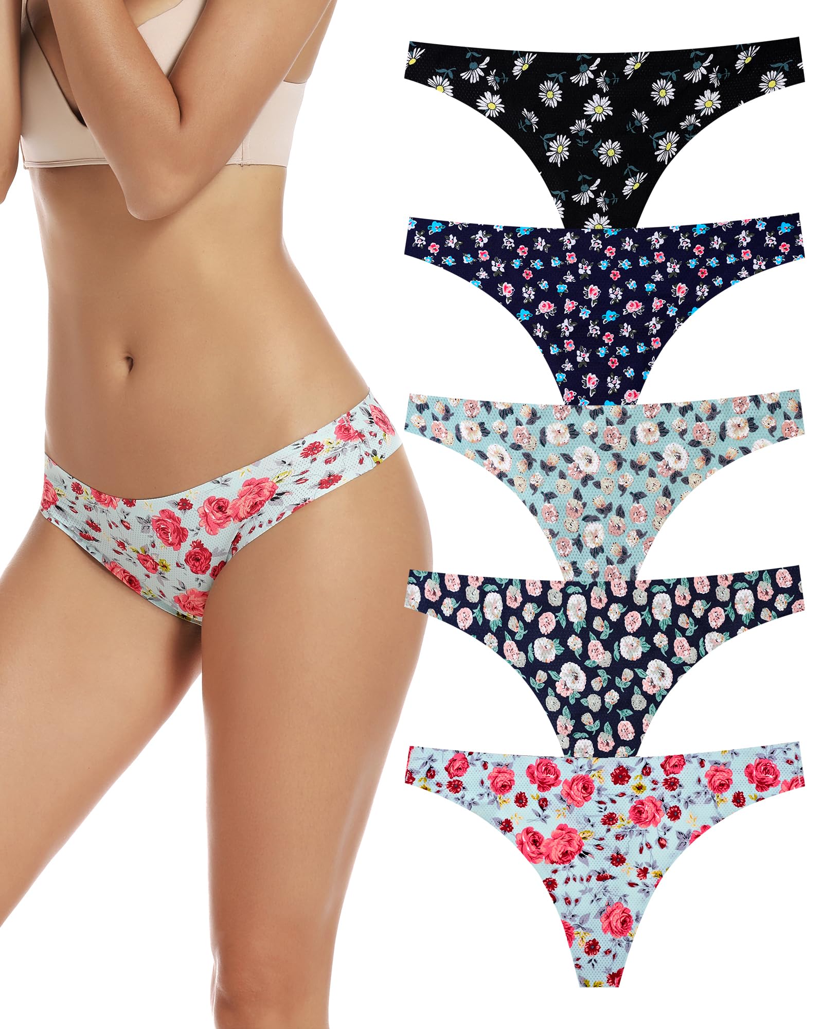 voenxe Seamless Women Underwear Thongs,No Show Ladies Workout Thong,5 Pack | Invisible Breathable Comfortable Mesh Panties,No Seam Soft Low Rise Cut Athletic Undies for Sports Gym Running Exercise Work