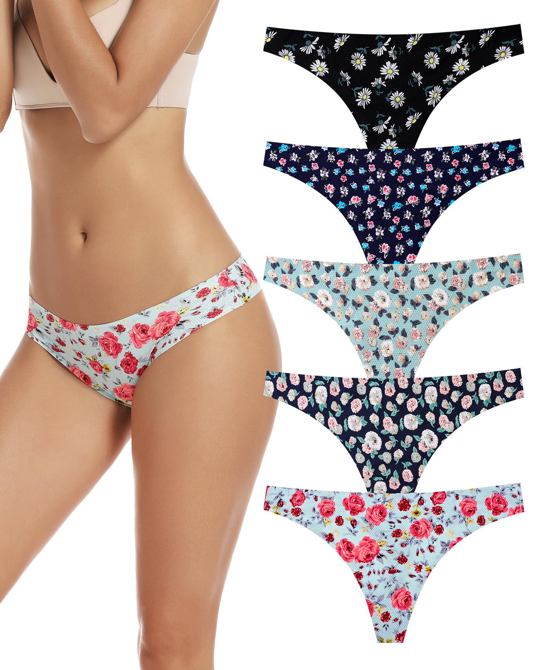 voenxe Seamless Women Underwear Thongs,No Show Ladies Workout Thong,5 Pack | Invisible Breathable Comfortable Mesh Panties,No Seam Soft Low Rise Cut Athletic Undies for Sports Gym Running Exercise Work