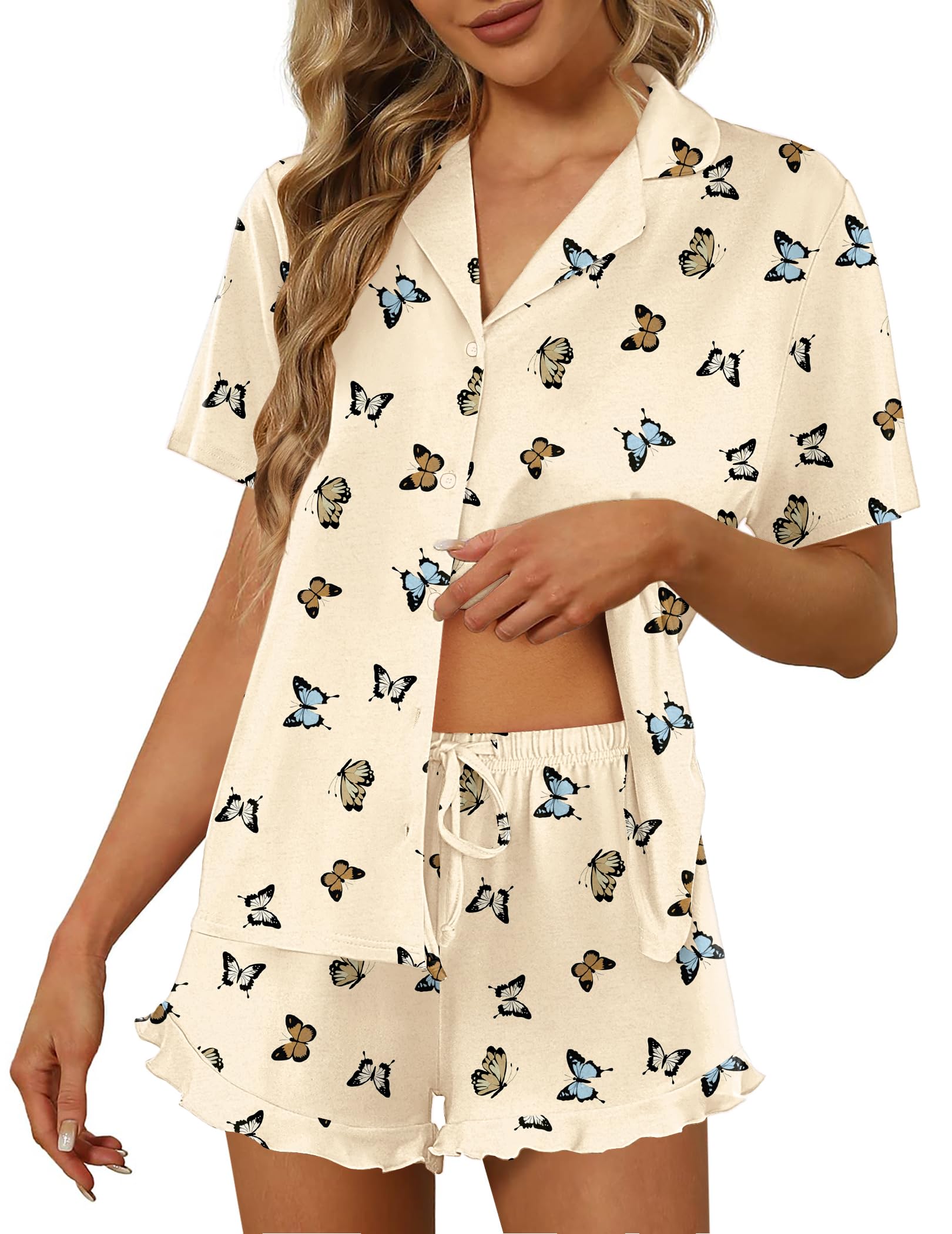 Ekouaer Pajamas Set for Women Short Sleeve Sleepwear Button Down Ruffle Pjs