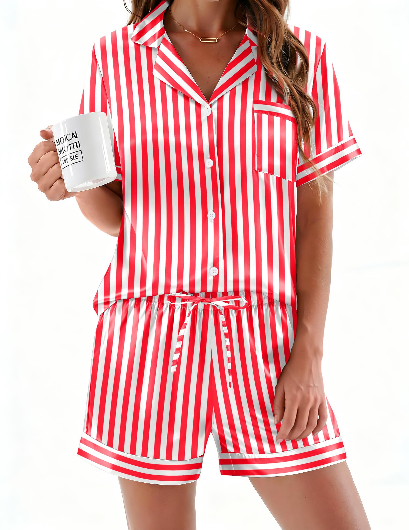 Ekouaer Silk Pajamas for Women Button Up 2 Piece Satin Pjs Shorts Set