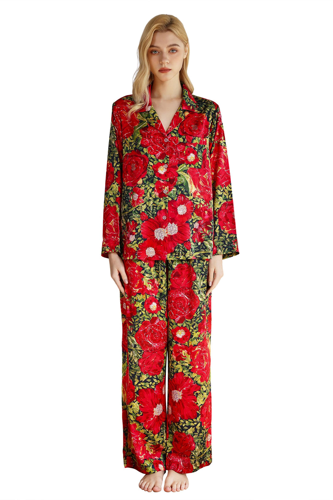 YiNi LuLu Womens Silk Satin Pajamas Set Button Down 2 Piece Pjs Long Sleeve Oversized Sleepwear with Pockets