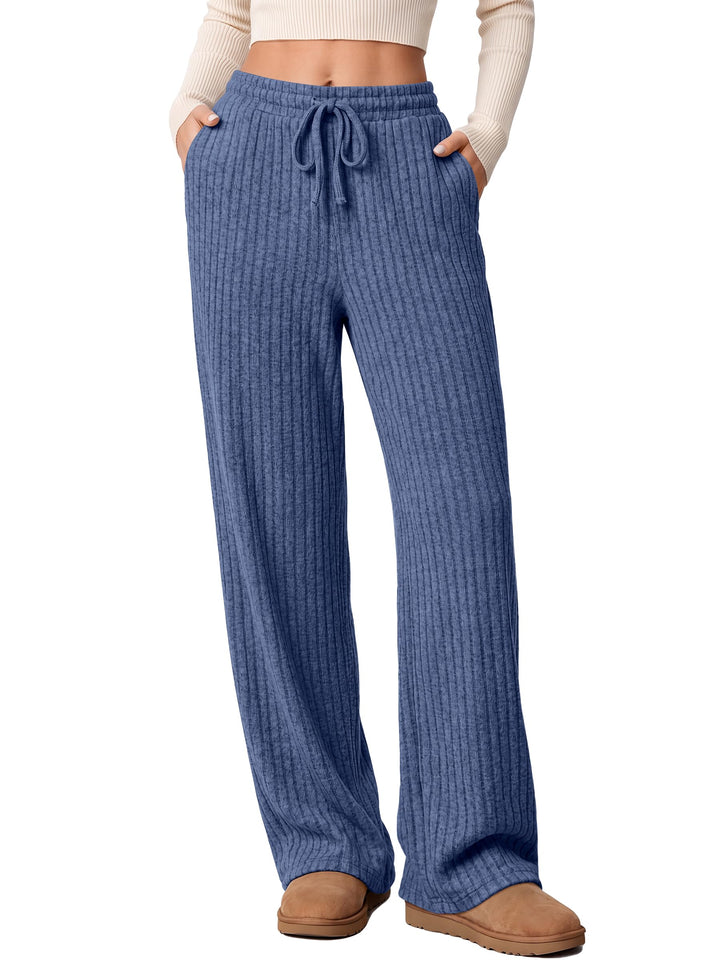 ANRABESS Women Ribbed Knit Wide Leg Lounge Pajama Pants with Pockets