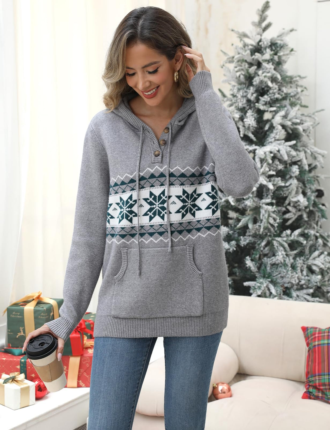 CiCiBird Women's Fall Hoodies Sweater V Neck Waffle Knit Top with Pocket | Loose Fit, V Neck Button, Adjustable Drawstring, Long Sleeve, Kangaroo Pocket, Weekend Errands, Daily Wear, Work Casual