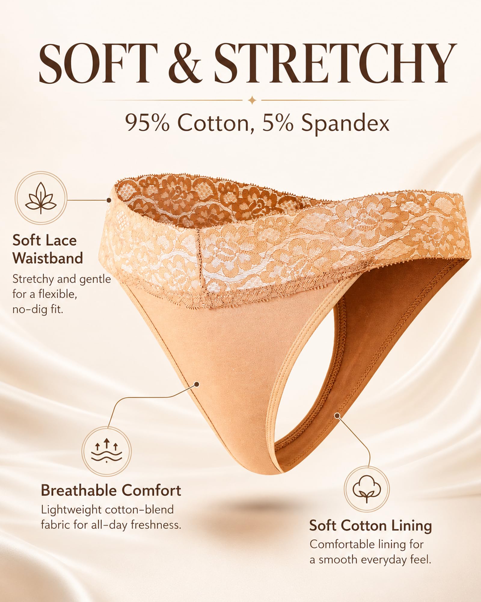READY TO LOVE Cotton Underwear for Women Lace Sexy Soft Thongs Low Rise T-Back Lingerie Stretchy Ladies Panties
