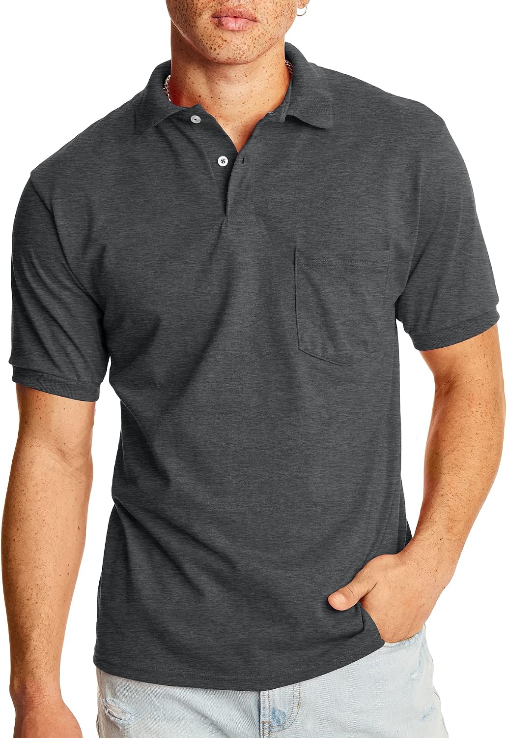 Hanes Men's Short-Sleeve Jersey Pocket Polo (Pack of 2), Charcoal Heather, 2X Large