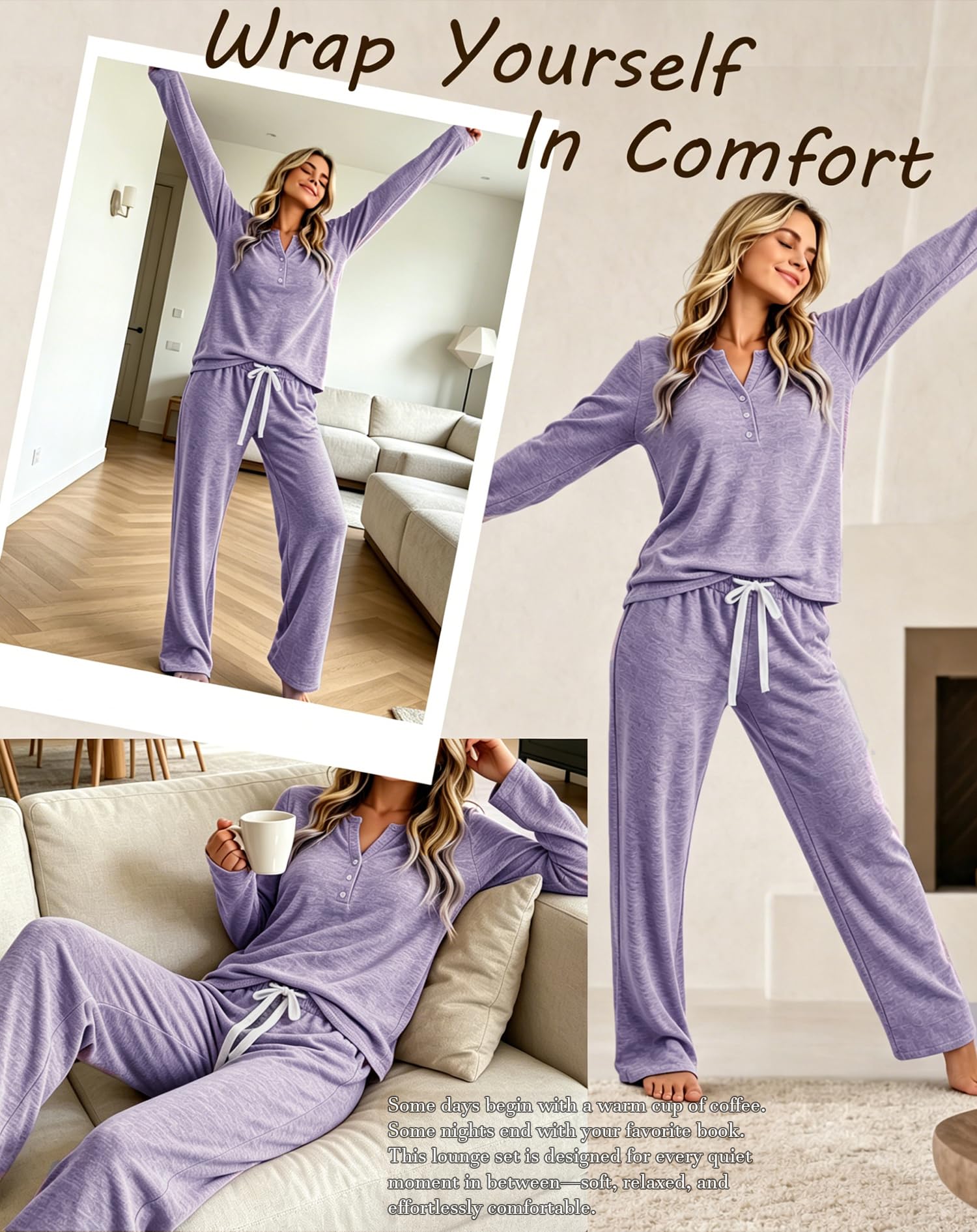 Womens Pajamas Set Long Sleeve Soft Loungewear 2 Pieces Fall&Winter