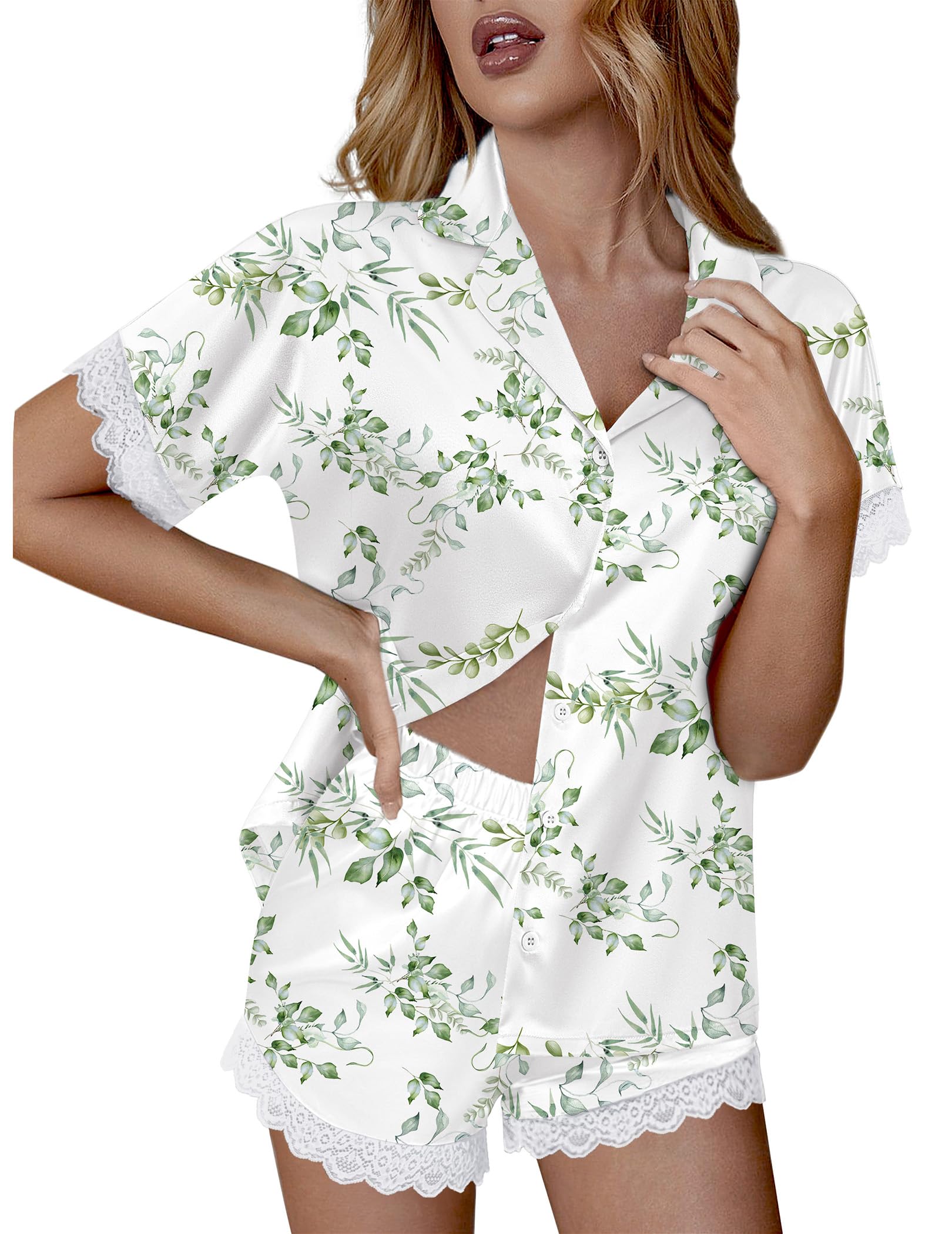 Ekouaer Women Lace Satin Pajama Set Button Down Silk Pjs Shorts Set XS-XXL