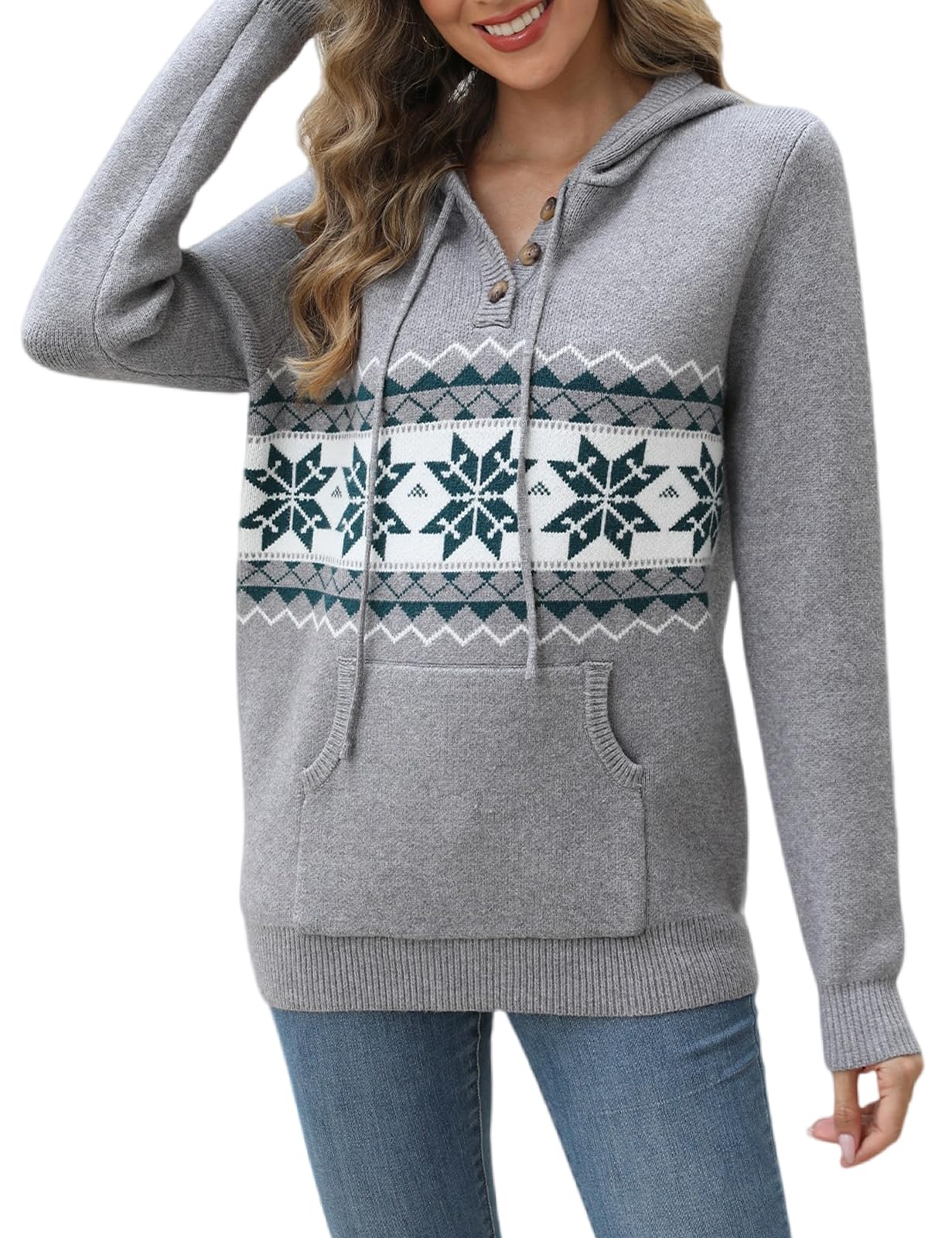CiCiBird Women's Fall Hoodies Sweater V Neck Waffle Knit Top with Pocket | Loose Fit, V Neck Button, Adjustable Drawstring, Long Sleeve, Kangaroo Pocket, Weekend Errands, Daily Wear, Work Casual
