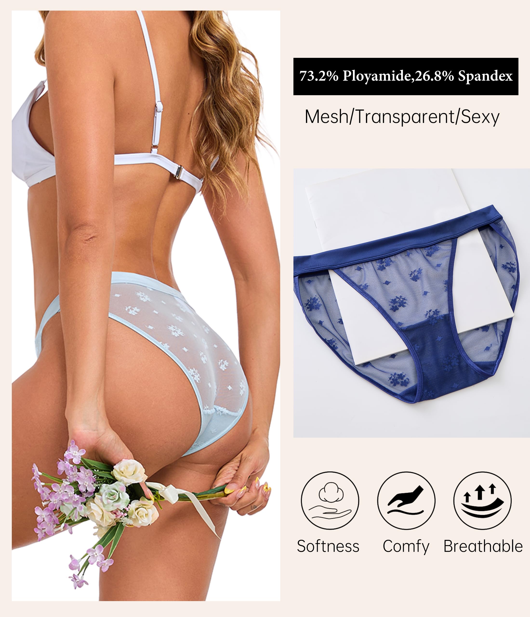 ANLIQI Womens Sexy Underwear Mesh See Through Bikini Panties Pack Hi Cut Briefs Sheer Lace String Lingerie Hipster for Lady